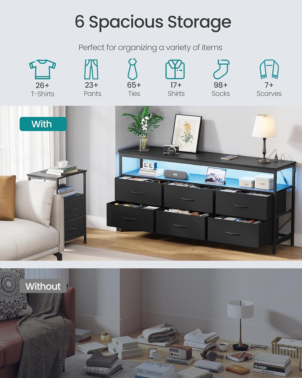 SONGMICS BELLAH Collection - Dresser for Bedroom, Chest of Drawers, TV Stand for TVs Up to 65 Inches, Living Room, Closet, 6 Drawers and 1 Shelf, Modern, Ink Black ULGS834BH02S