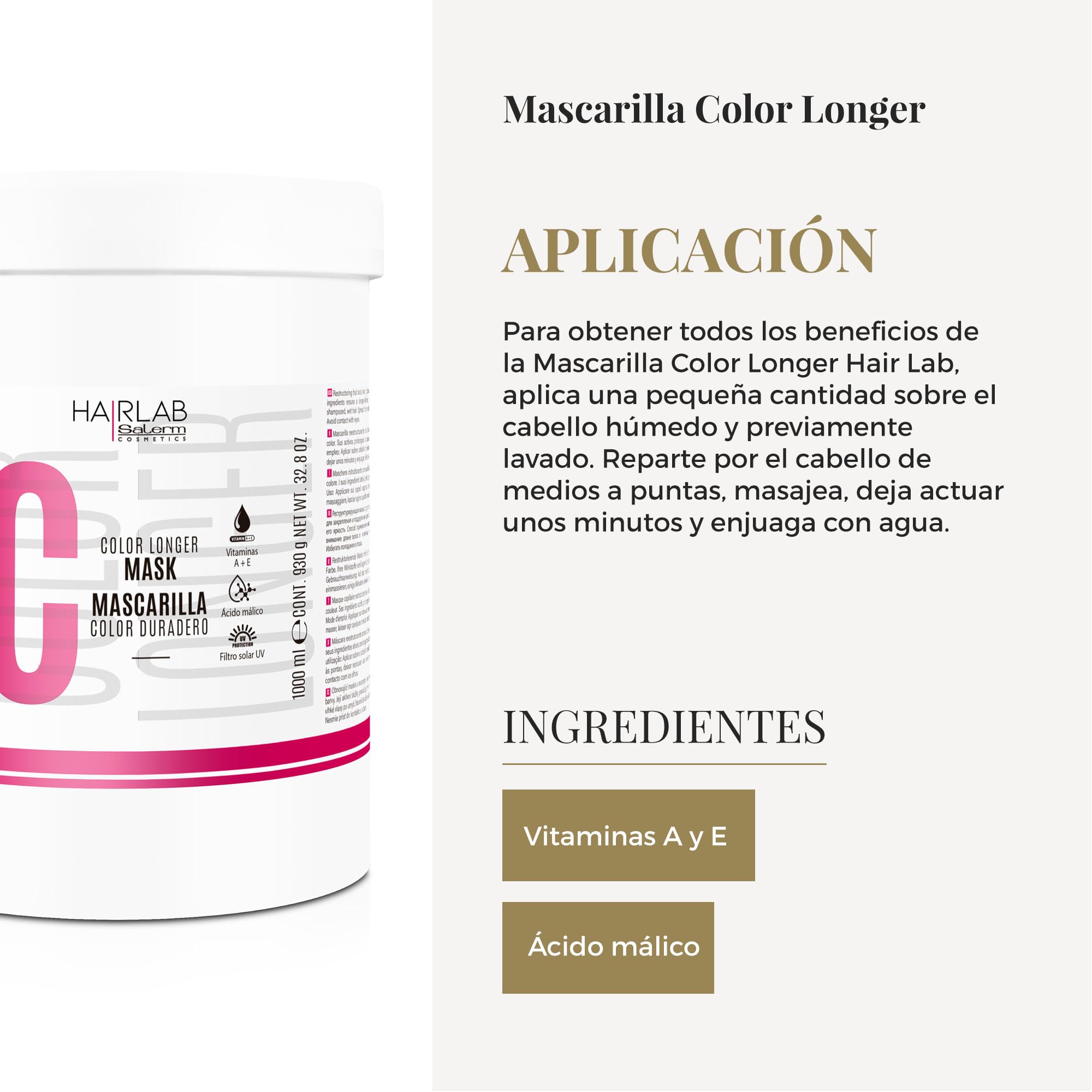 SALERM - Mascarilla Pelo Teñido, Decolorado o con Canas - Color Longer Hair Lab - 1000 ml - con Vitaminas A y E - Sella y Mantiene el Color - Melena más Brillante - Sin Sulfatos ni Parabenos
