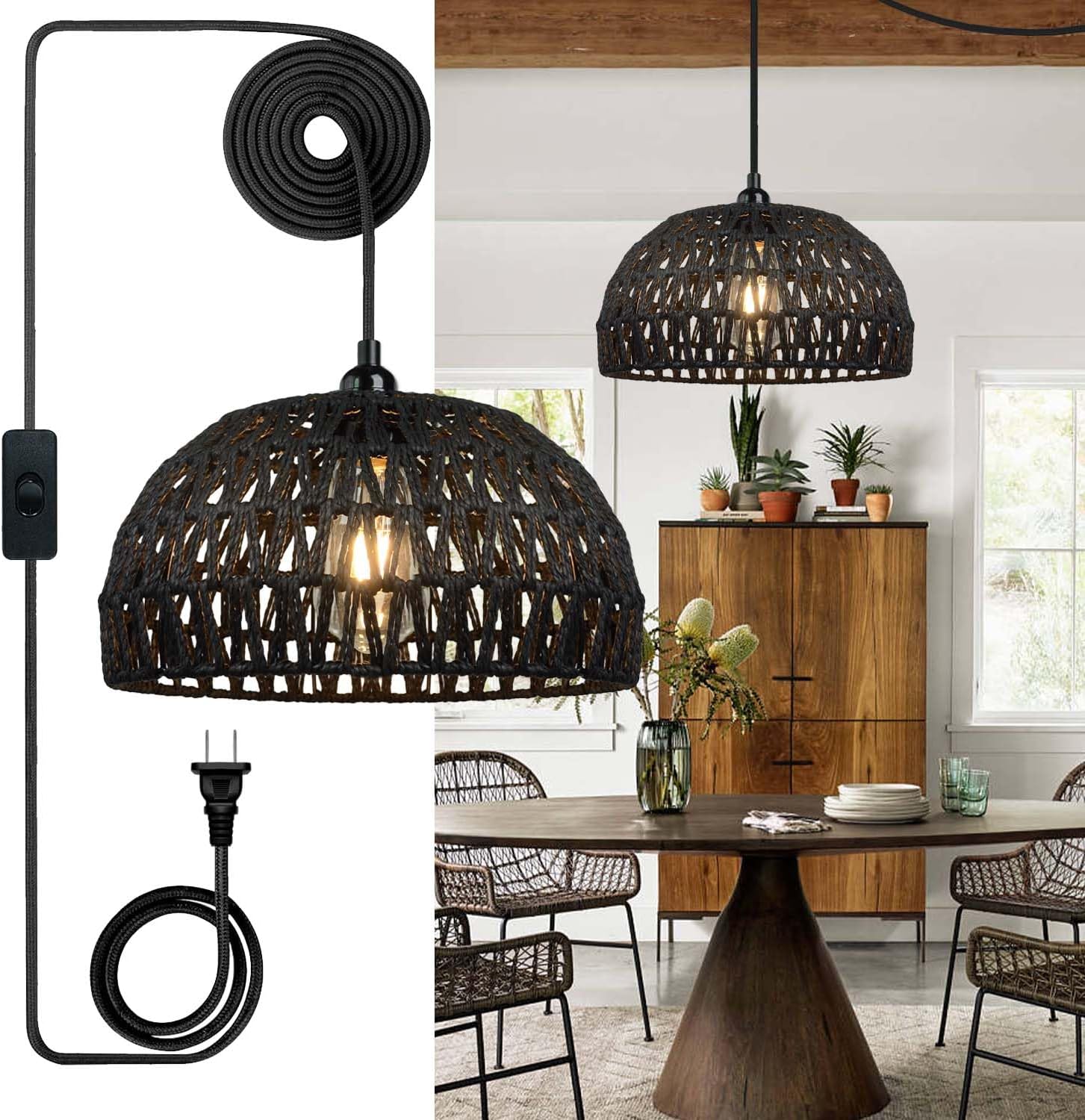 1PC Bohemian Farmhouse Rattan Chandelier, Hand-Woven Wicker Ceiling Light with Switch, DIY Hanging Pendant Lamp for Kitchen Island Dining Room Bedroom Living Room Foyer (Brown)