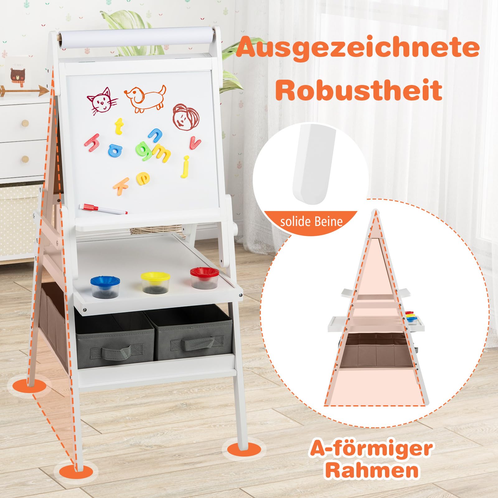 COSTWAY 3-in-1 Tafel Kinder, doppelseitige Kindertafel mit Papierrolle & magnetischer Kreidetafel & Whiteboard, inkl. 3 Farbbechern & 2 Boxen, Staffelei für Kinder ab 3 Jahren (Weiß)