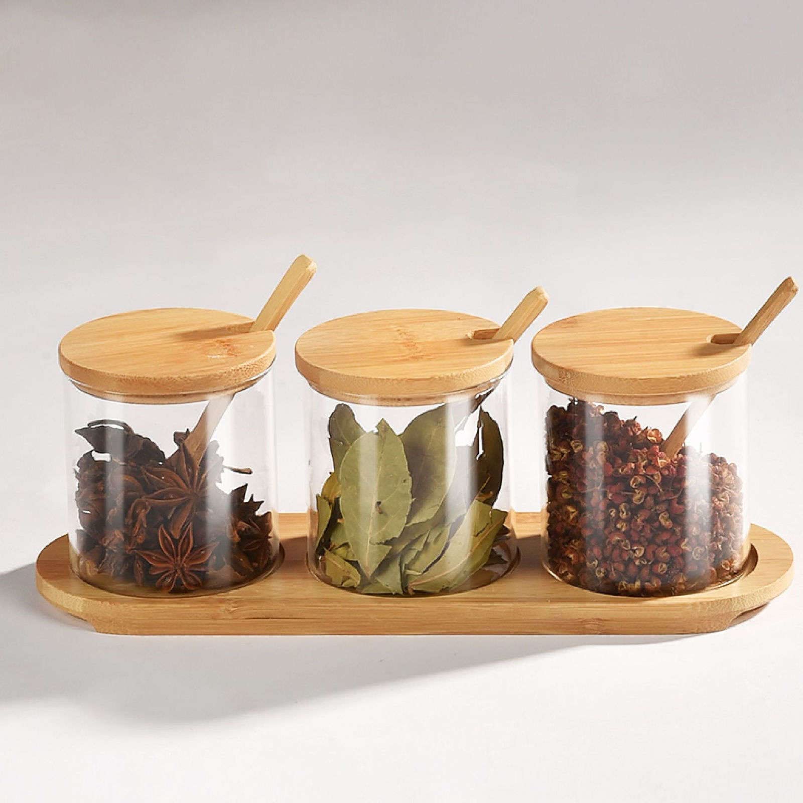 Tarro de Cristal para conservar Alimentos, Frascos de Vidrio Transparente con Tapas y Cuchara bambú, tarros Especias vacíos, contenedores Botes Almacenamiento Alimentos(Transparent)
