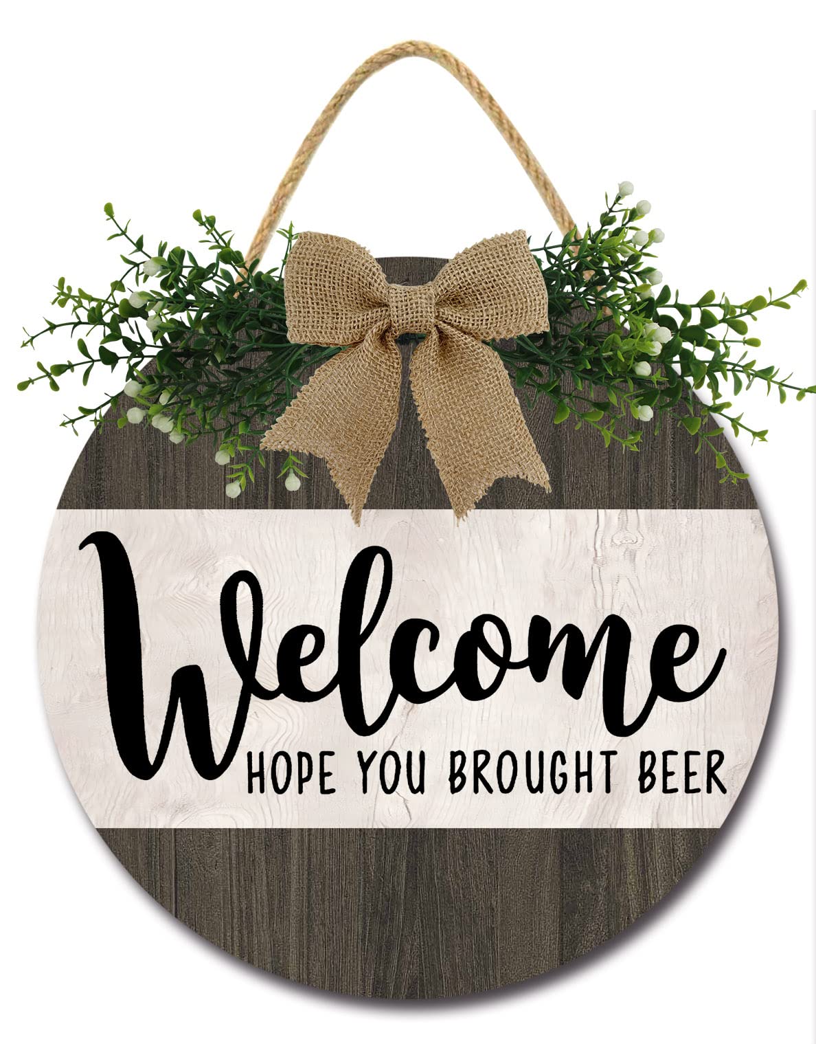 NANVIER Welcome Hope You Brought Beer Sign for Front Door Rustic Welcome Wreaths Sign for Farmhouse Front Porch Decorations Round Wood Hanging Sign Housewarming Gift for Home Decor Outdoor Indoor