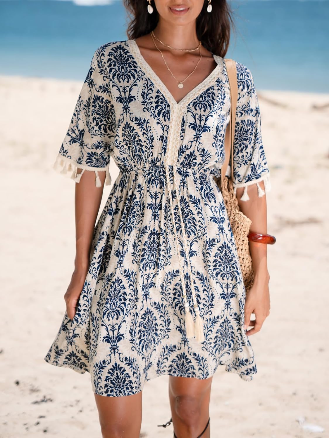 CUPSHE Women Tassel Trim Summer Dress V Neck Lace Short Sleeve Paisley Boho Casual Sundress Holiday Beach Mini Dress - Image 6