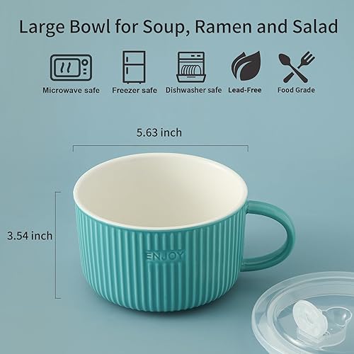 Miniatura 2 de Seyatoo Tazón de sopa de cerámica con tapa, taza de sopa con tapa de mano y hermética, taza de sopa grande para microondas para cereales, ensalada,