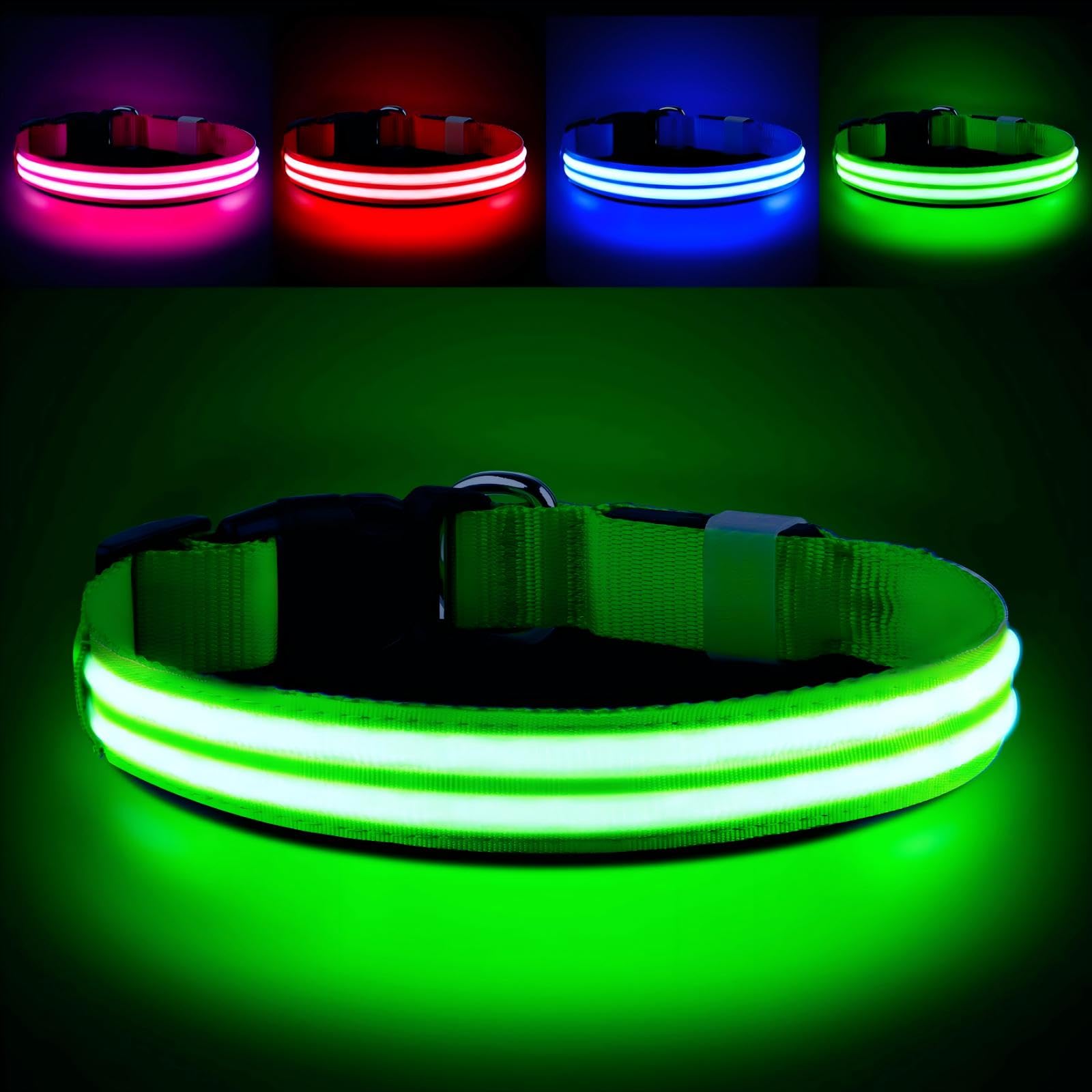 PcEoTllar Light Up Dog Collar - Rechargeable, Waterproof, Adjustable LED Collar for Night - Flashing, Glowing for Small Medium Large Dogs - Green-S