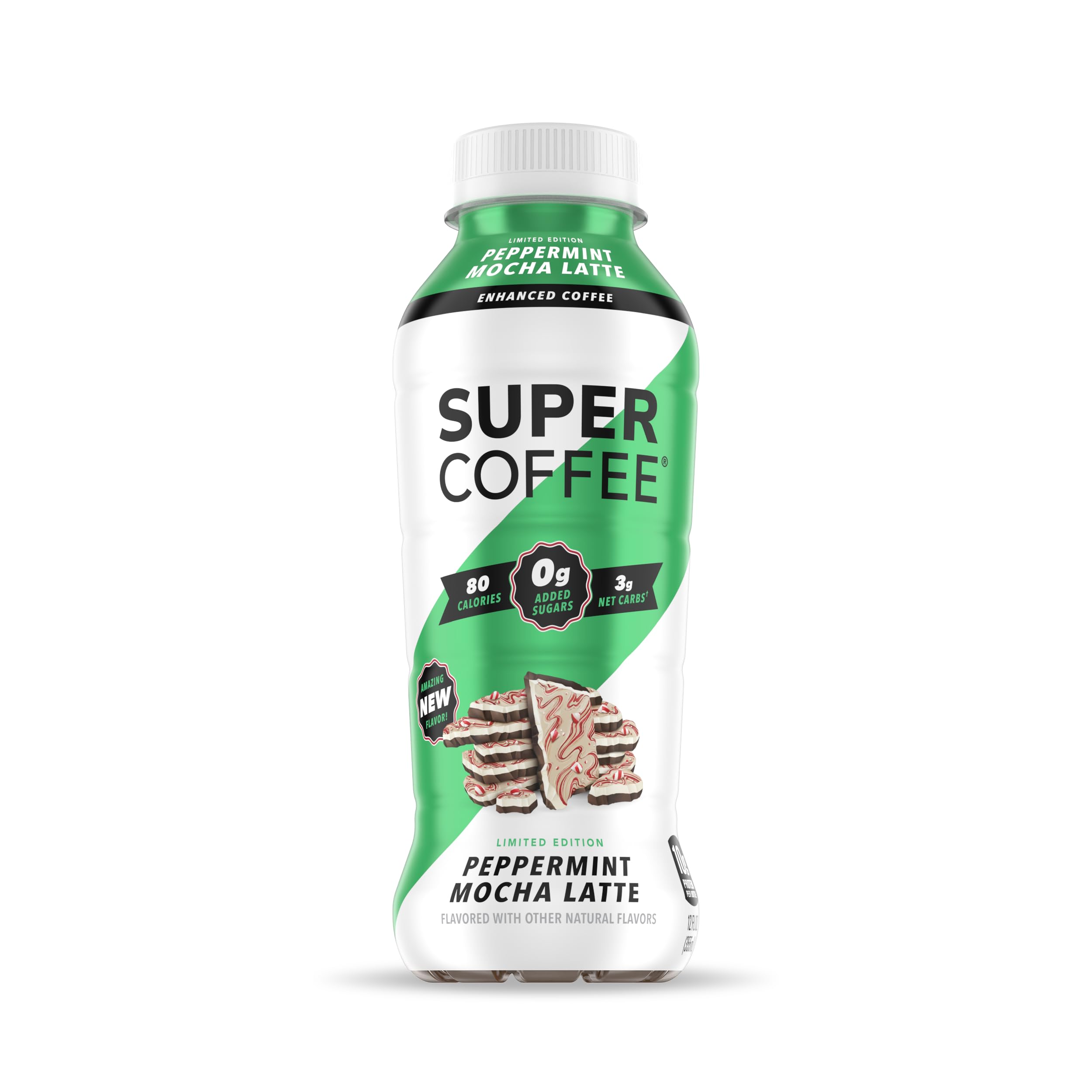 Super Coffee, Iced Keto Coffee (0g Added Sugar, 10g Protein, 80 Calories) [Peppermint Mocha Latte] 12 Fl Oz, 12 Pack | Iced Coffee, Protein Coffee Drinks - LactoseFree, GlutenFree