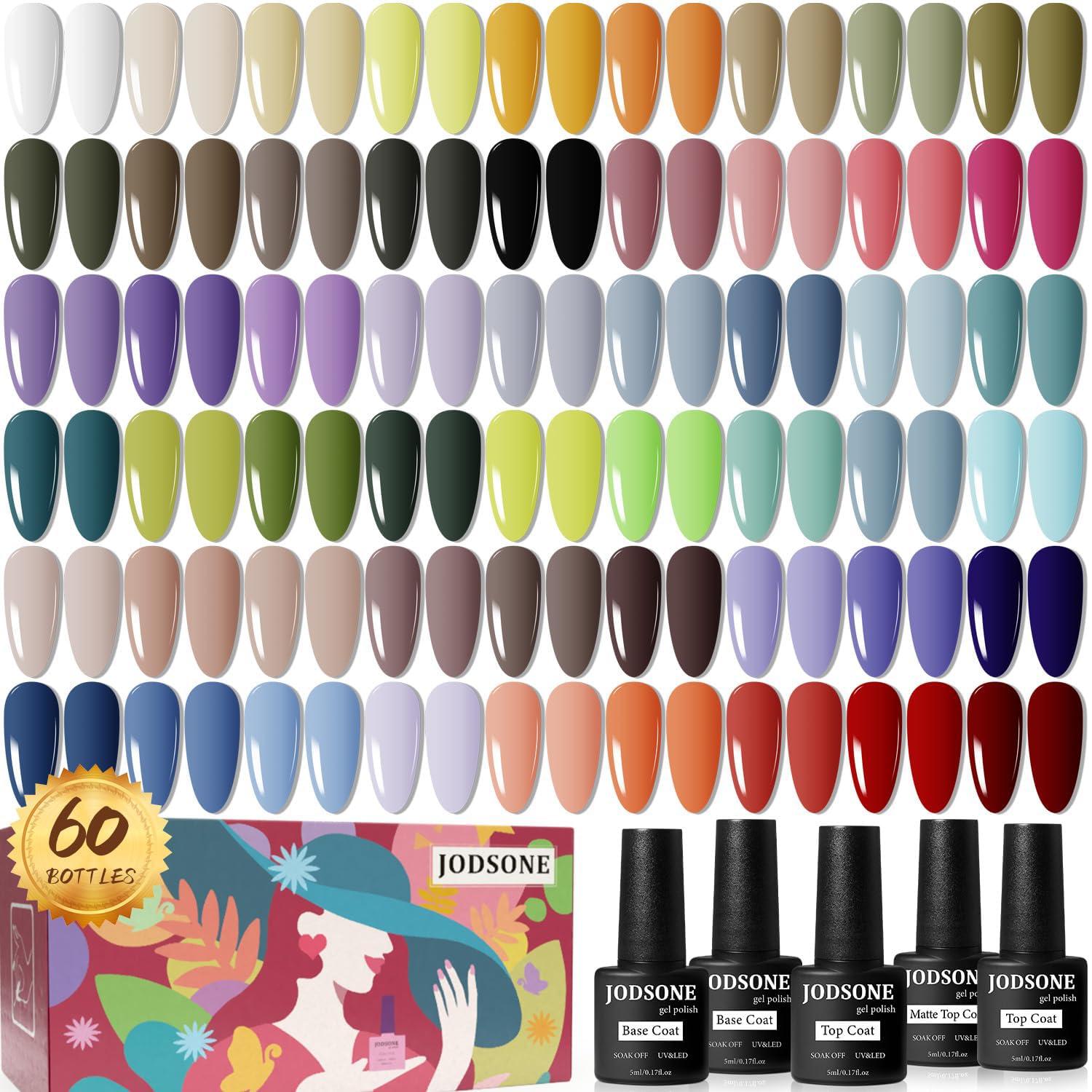 60 PCS Gel Nail Polish Set All Seasons No Wipe Base Coat Matte Glossy Top Coat Nail Gel Polish Kit for Starter Manicure DIY at Home Enjoy Fun, Pack Of 1
