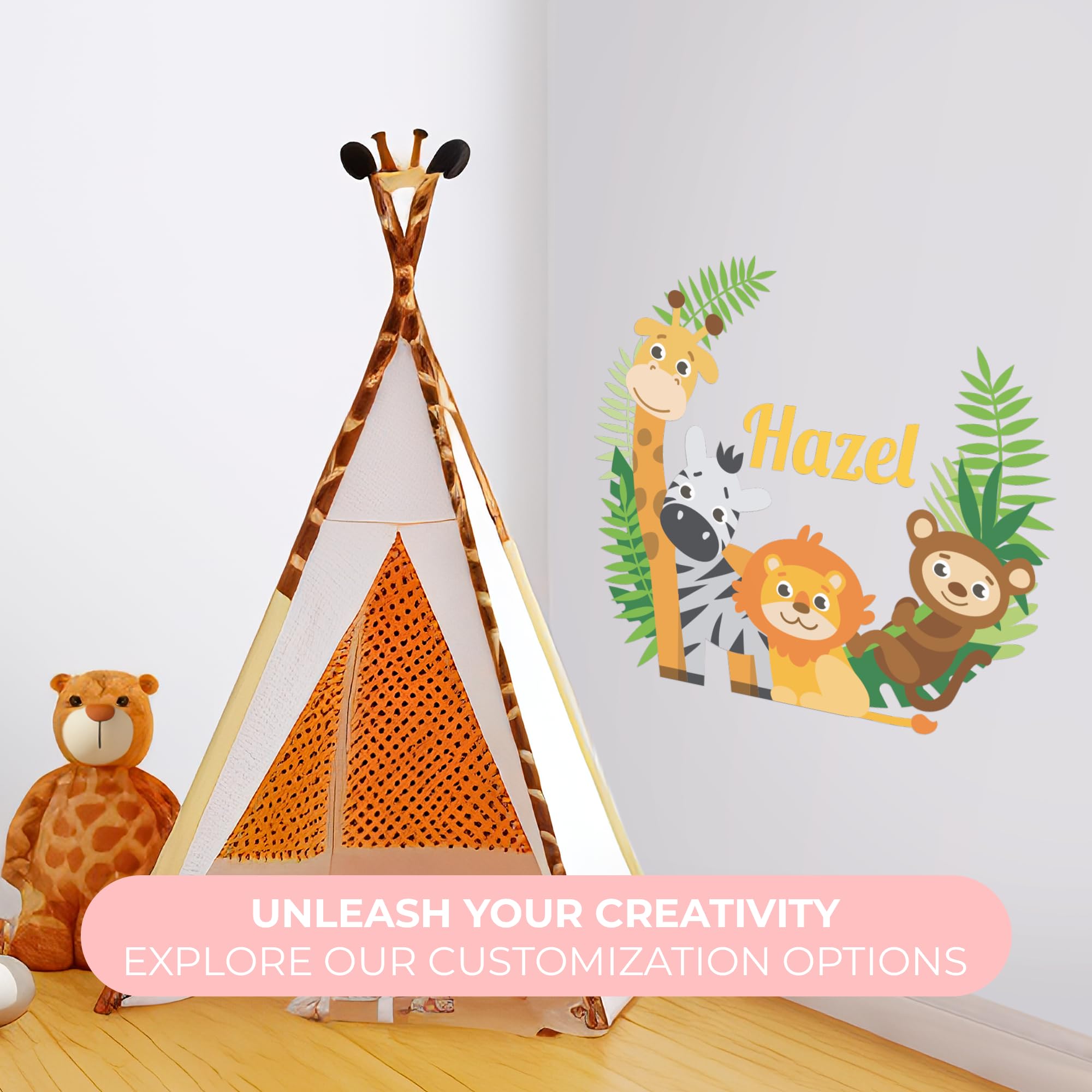 Custom Name Animals Branch - Boy Girl Mural - Baby's Mural Room Vinyl Sticker Wall Decal (Wide 22