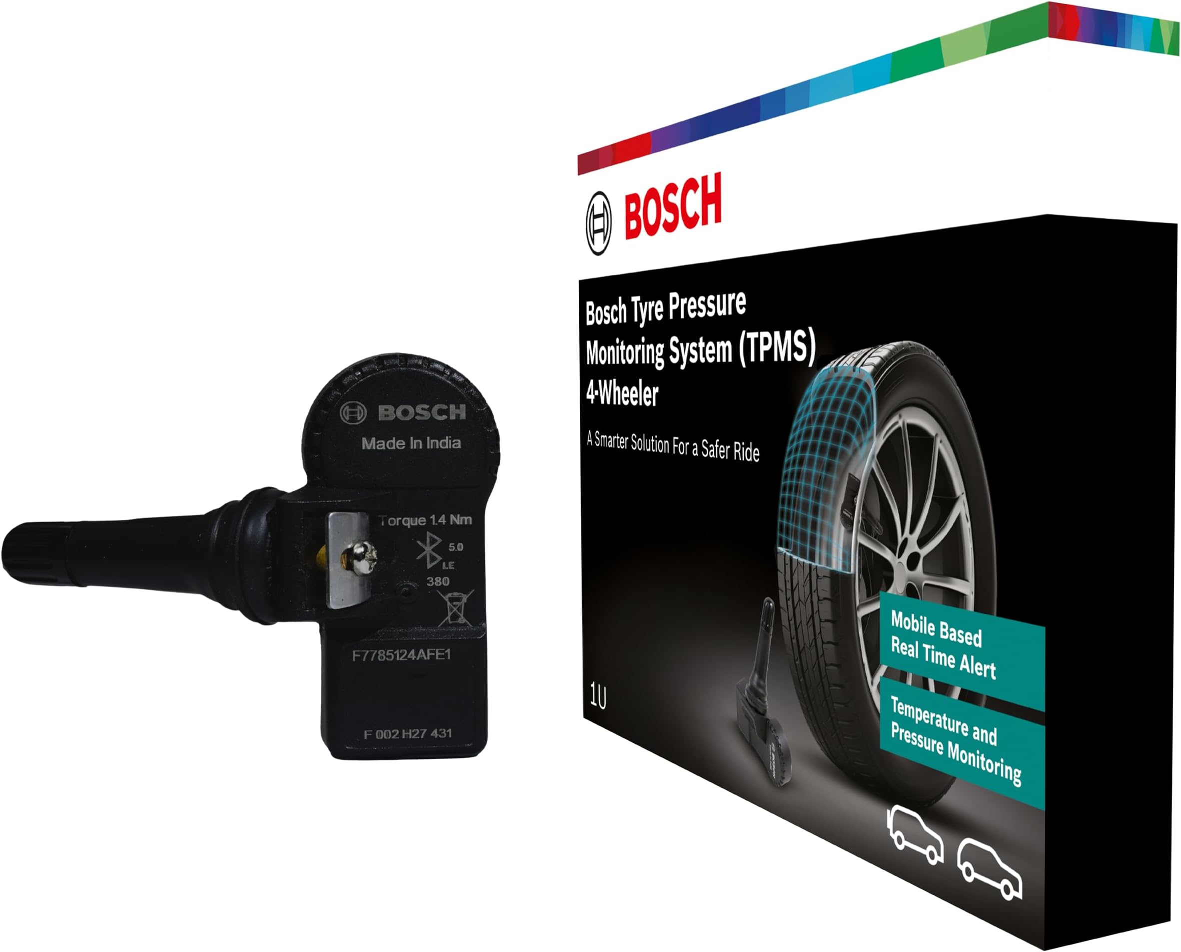 Bosch Tyre Pressure Monitoring System (TPMS) for Cars with tubeless Tyres | Pack of 4 sensors | Real-Time Tracking & Alerts via Mobile App | 5-Year Warranty