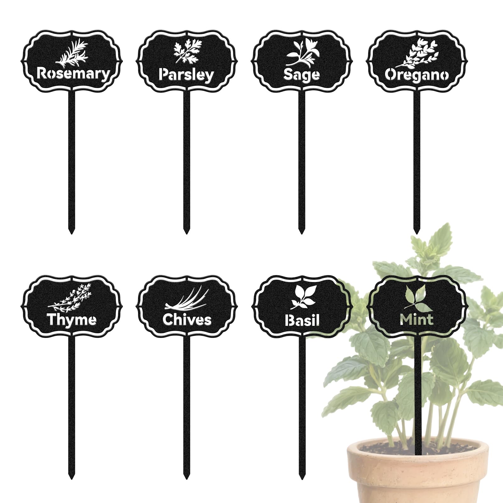 CUTHOLLOW 8PCS Metal Plant Markers Stakes Food Spices with Pattern for Outdoor Indoor, 3.5"x7" Waterproof Cute Garden Plant Labels Signs Tags for Farmhouse Greenhouse Decor - Funny Gardening Gifts