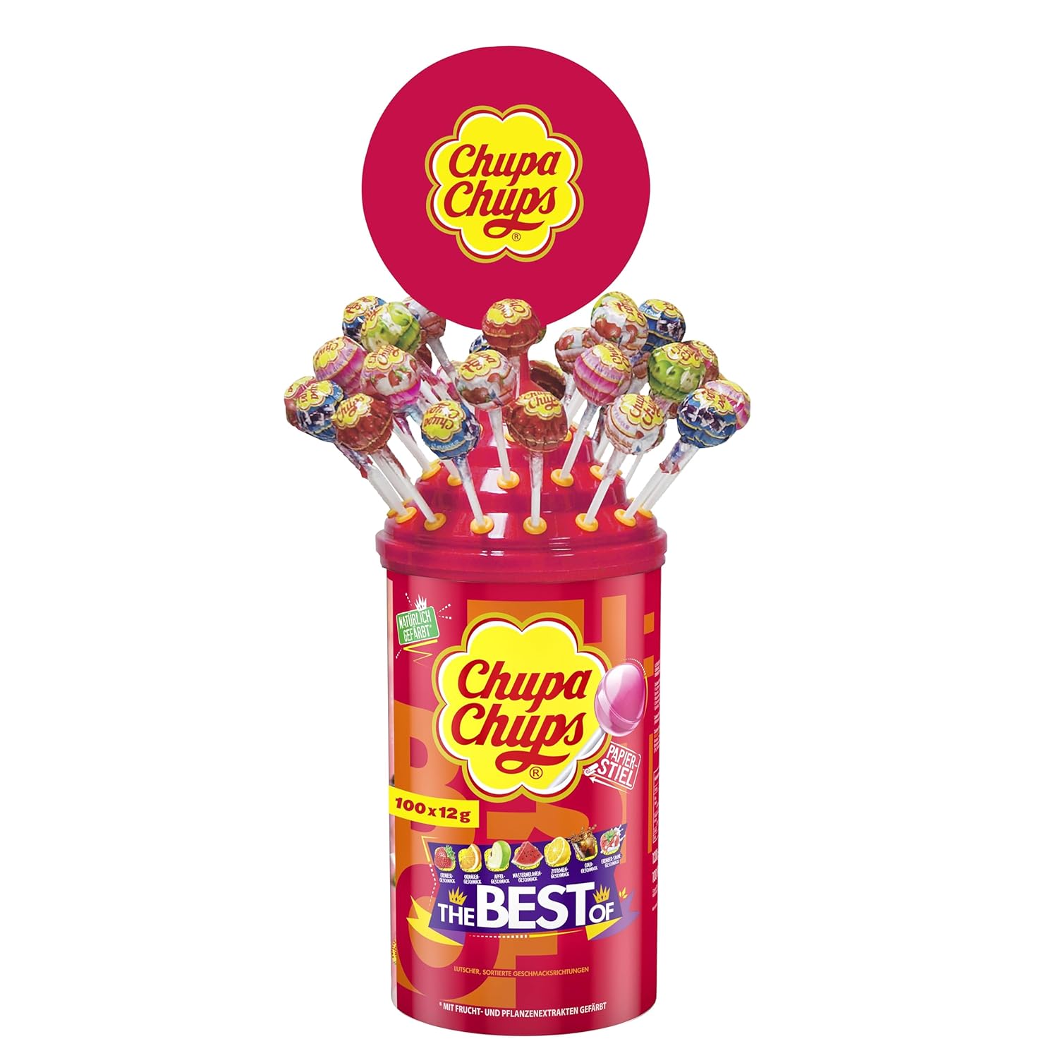 Chupa Chups Best of Lutscher-Dose mit Logo-Aufsatz, enthält 100 Lollis ... Chupa Chups Best of Lutscher-Dose mit Logo-Aufsatz, enthält 100 Lollis ...