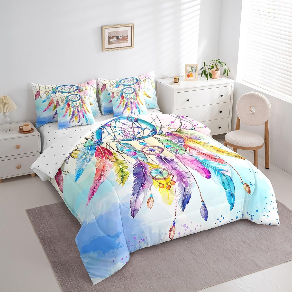Feelyou Kids Dreamcatcher Bed in a Bag Full Size, Boho Dream Catcher 7 Piece Bedding Set for Kids Bedding Sets with All Season Quilted Comforter, Flat Sheet, Fitted Sheet, Pillowcases, Pillow Covers