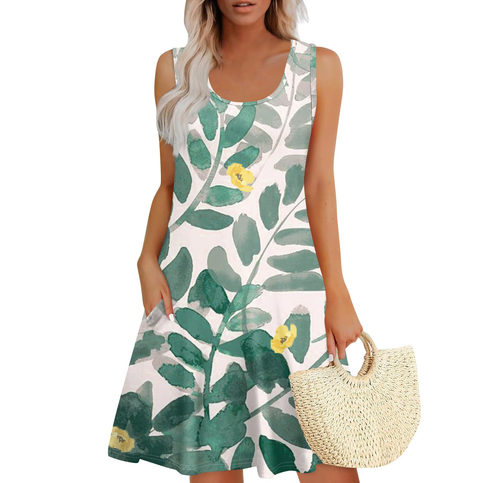 AAZJSS Summer Dresses for Women 2026 Loose U Neck Sleeveless Sundresses Dress with Pockets