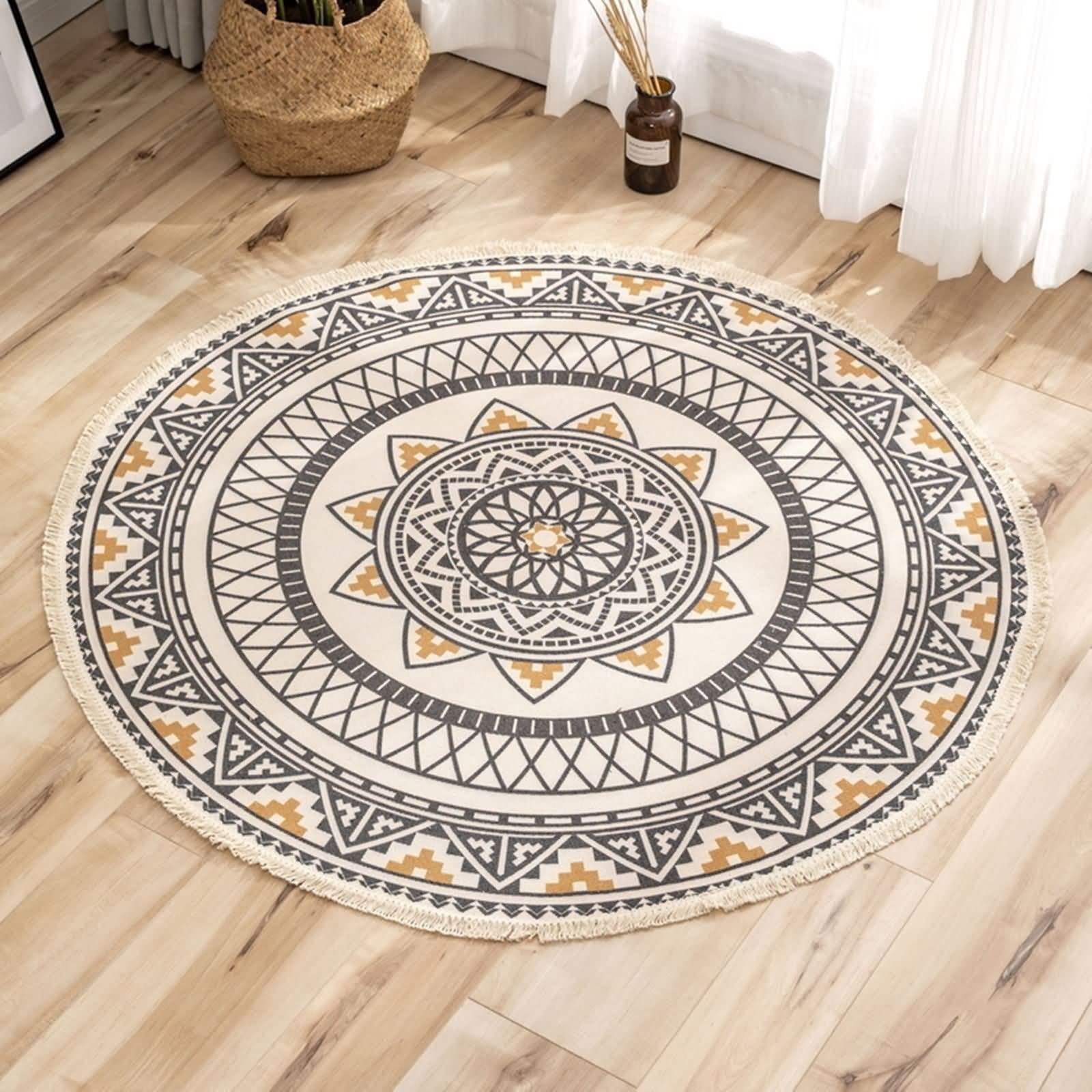 Tapis Descente de Lit 180cm, Tapis Rond Vintage Gris Jaune Motif Imprimé Ethnique avec Pompons Coton