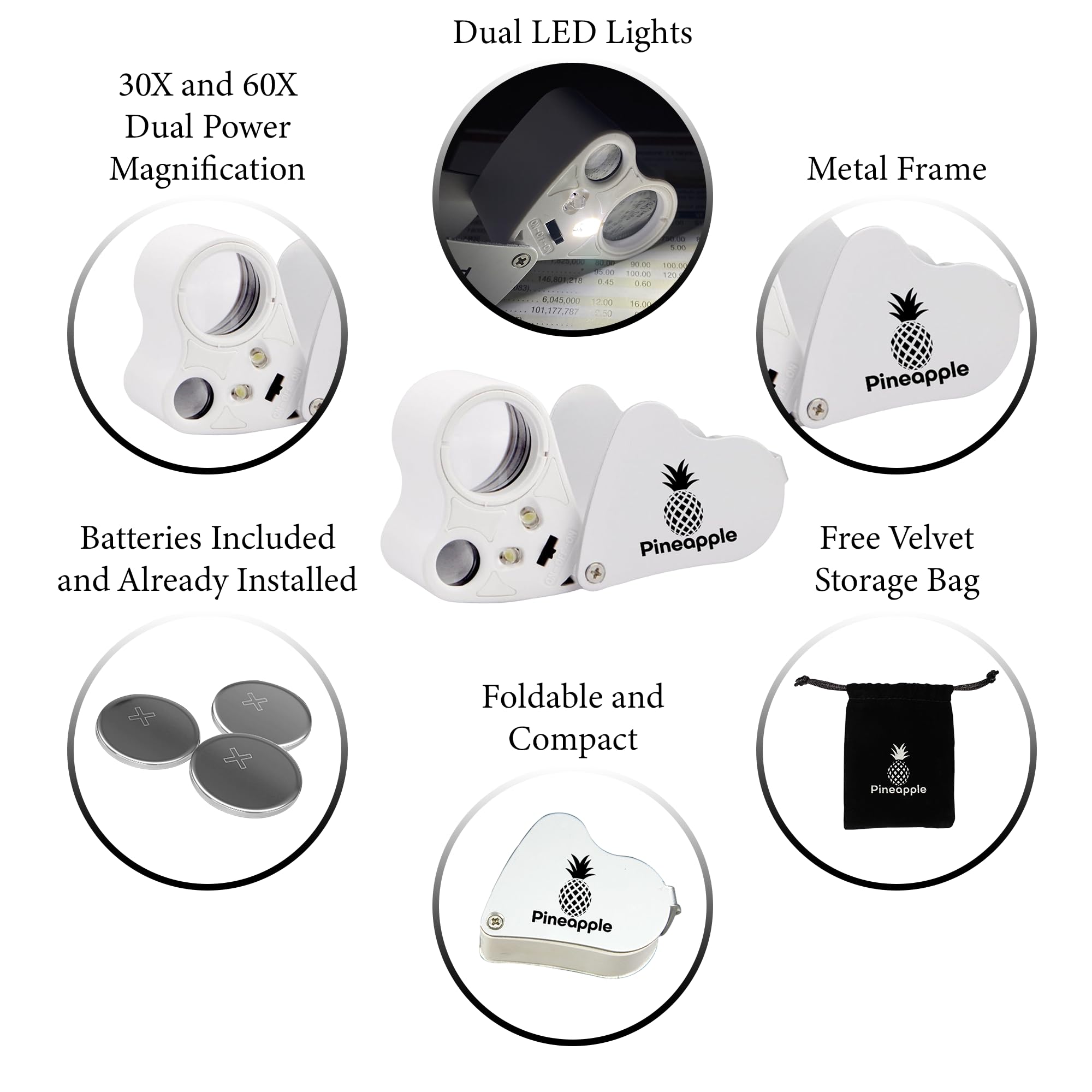 Lupa de joyería de 30 x 60 aumentos con luz, lupa plegable para joyería, lupa de joyería con luz LED, para tricomas, monedas, diamantes, joyas, gemas, plantas, sellos, etc. (blanco)