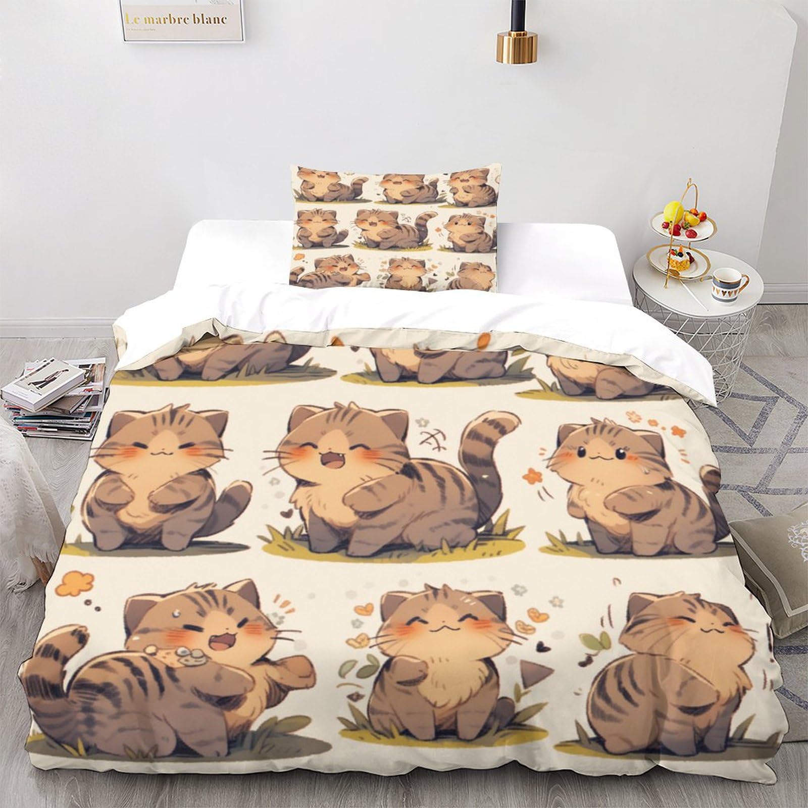 Housse de couette chat 3D motif animal mignon fermeture éclair lit 1 personne