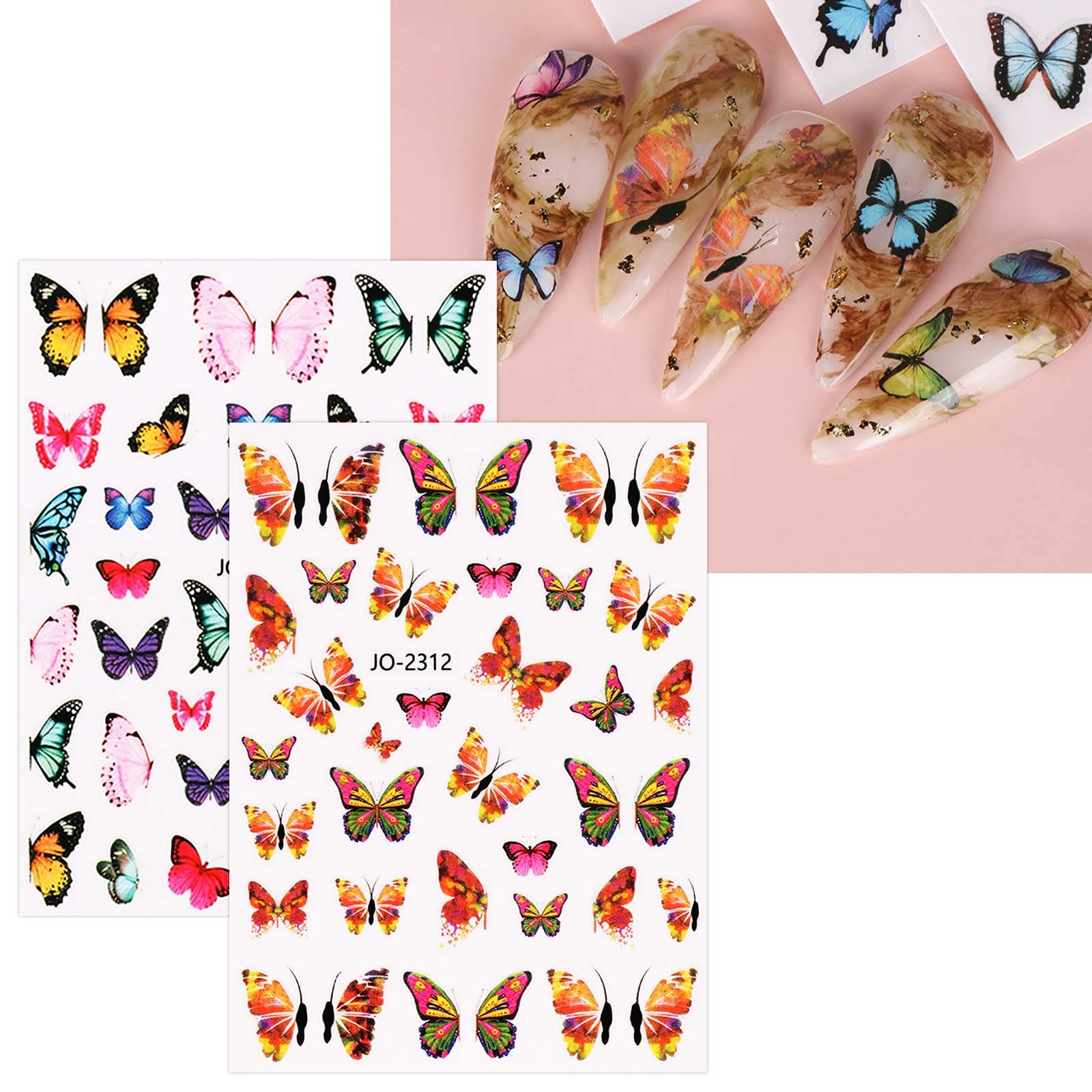 4 Décalcomanies Ongles Papillon Rose - Autocollants Nail Art été - Neufs
