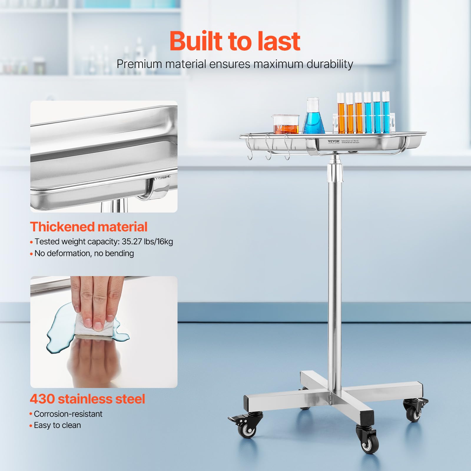 VEVOR Laborwagen Gerätewagen Medizintechnik Servierwagen 811–1396 mm Einstellbar, mit Schubladen 16,5 kg Tragfähigkeit, 325 x 265 mm Labor Rollwagen Medical Trolley Friseursalons, Zahnkliniken usw.