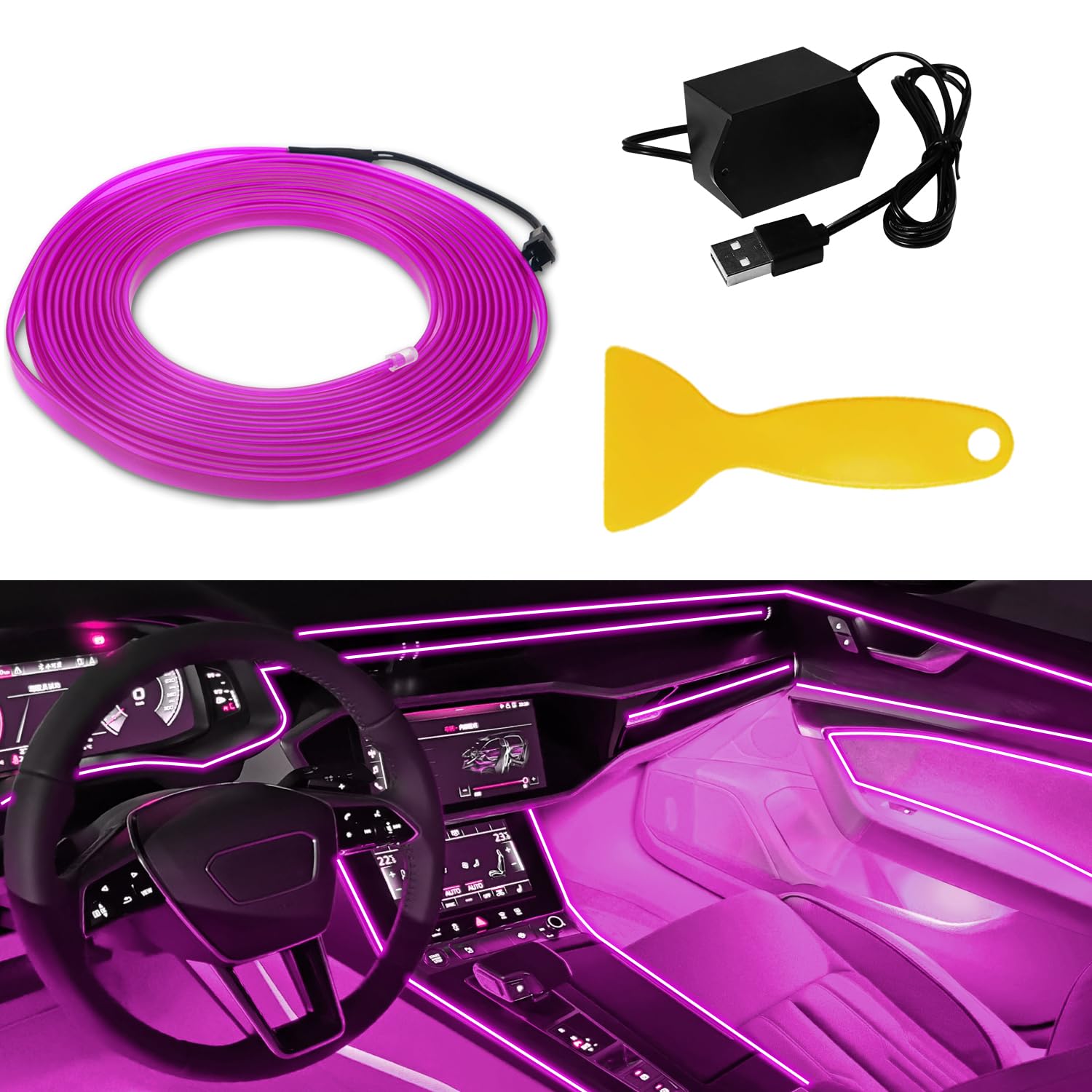 GLL Auto Innenbeleuchtung 5M 16FT EL Draht Lichter mit 6mm Nähen Rand Auto Ambient Atmosphärenbeleuchtung USB EL Draht Lichter (Rosa)