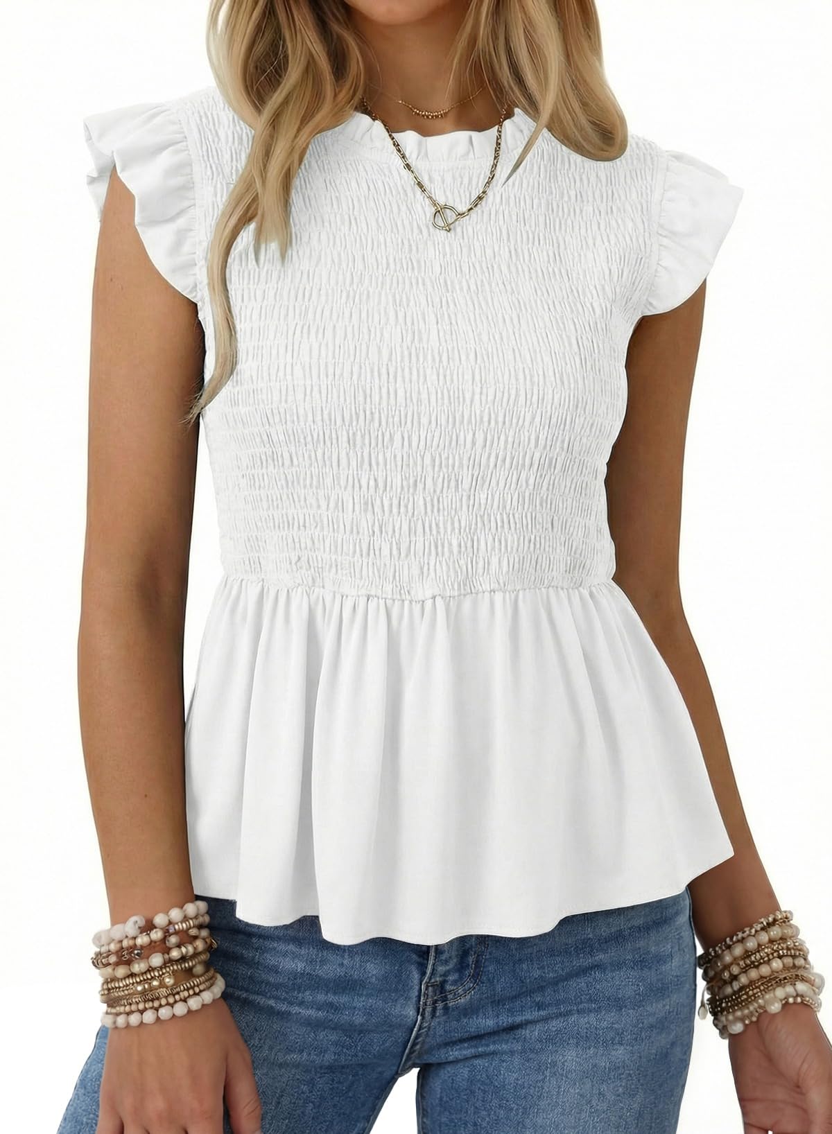 SHEWIN Womens Blouses Peplum Babydoll Summer Tops Ruffle Sleeve Dressy Casual Elegant Ladies Solid Shirts Spring Clothes