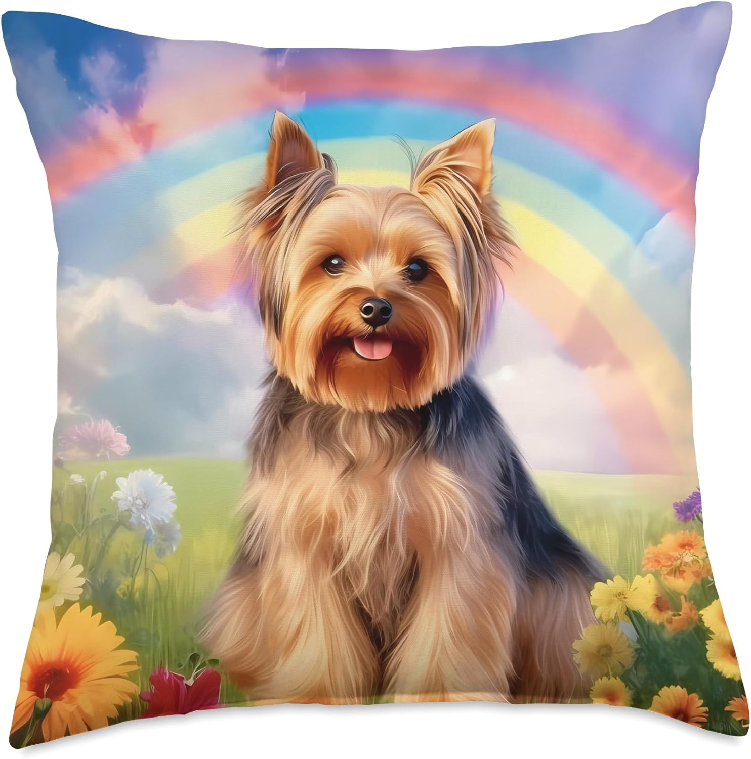 Yorkie Rainbow Bridge Cute Colorful Yorkshire Terrier Dog Throw Pillow