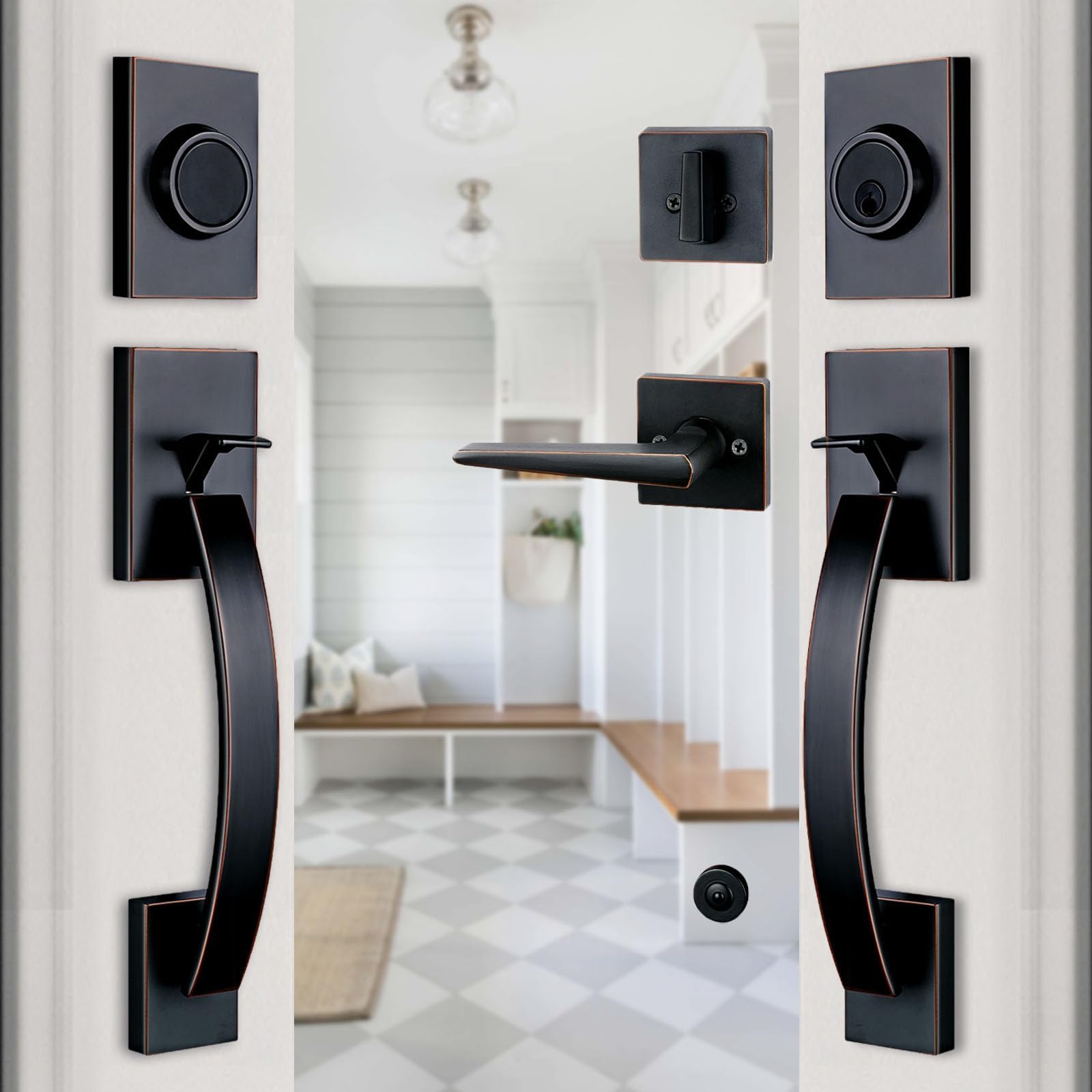 goldenwarm Double Front Door Lock Set, Black Double Door Handle with