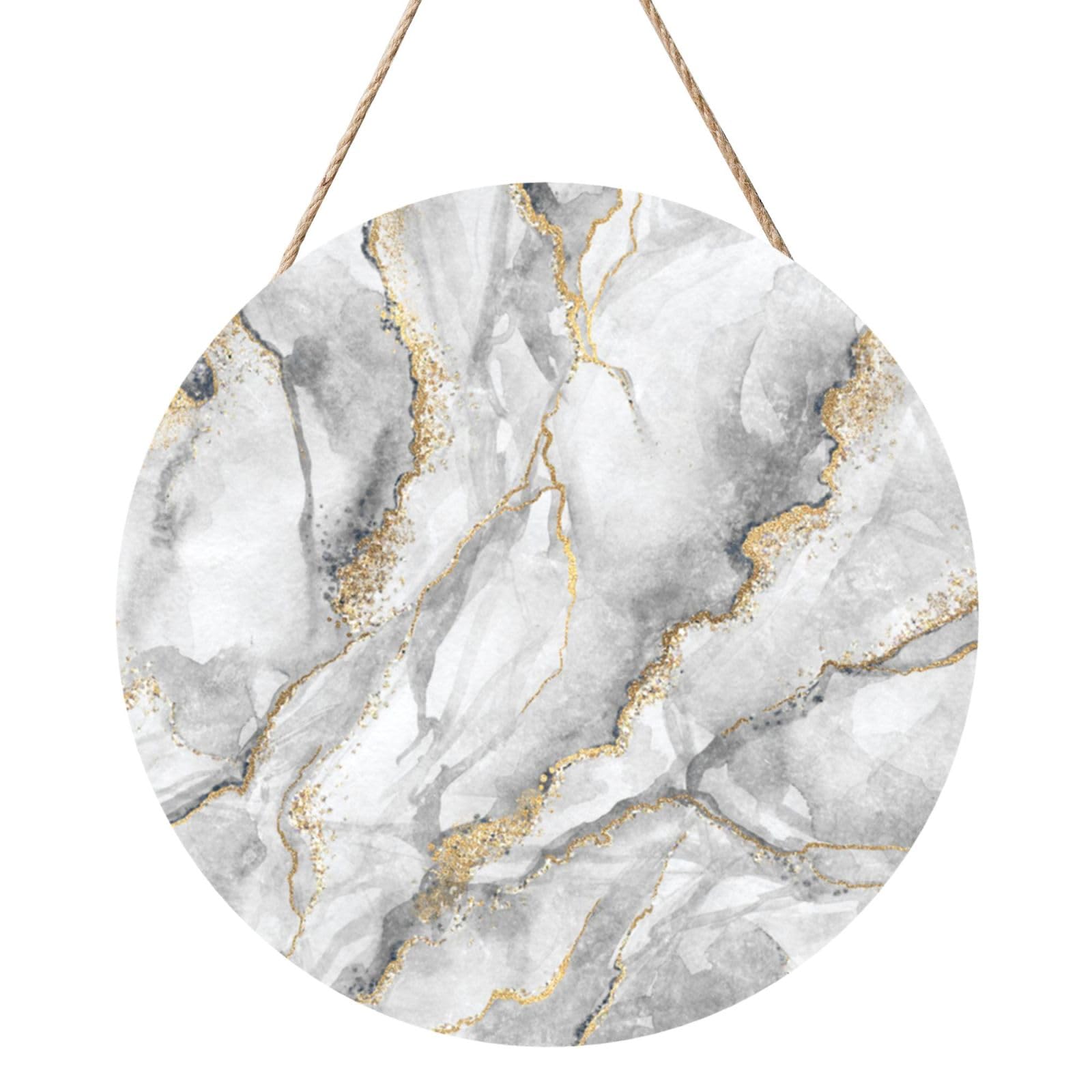 InOmak White Marble Fashion Marbling Granite Stone Gold Black Gray, Round Wood Panel Painting 12 in, Wall Hanging Painting For Home