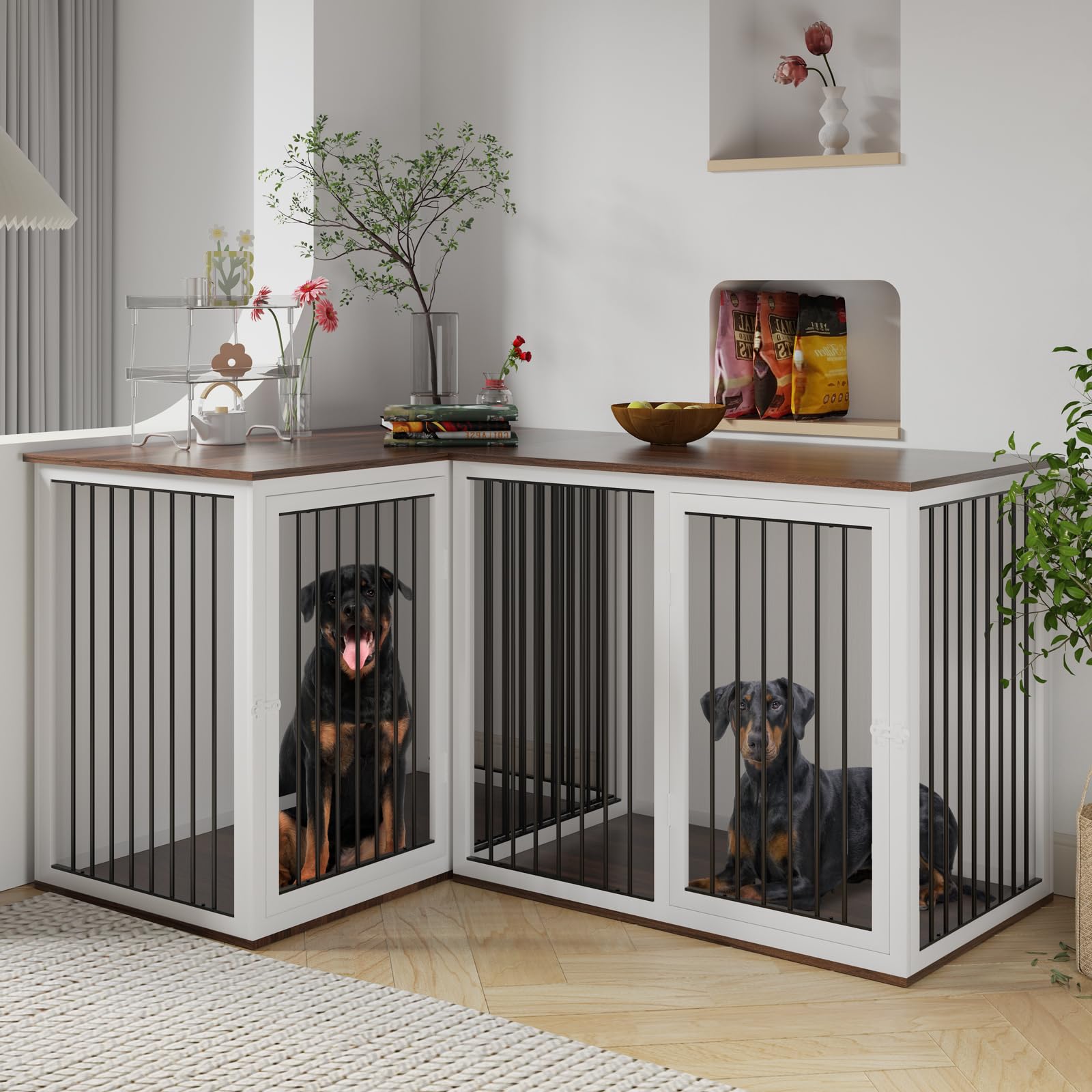 Dog Crate Furniture for 2 Dogs, 80.7" Large Dog Kennel Furniture with Dividers and Double Doors, All Steel Frame Double Dog Crate, 43.3" L X 23.6" W X 31.5" H, 37.4" L X 23.6" W X 31.5" H (White)