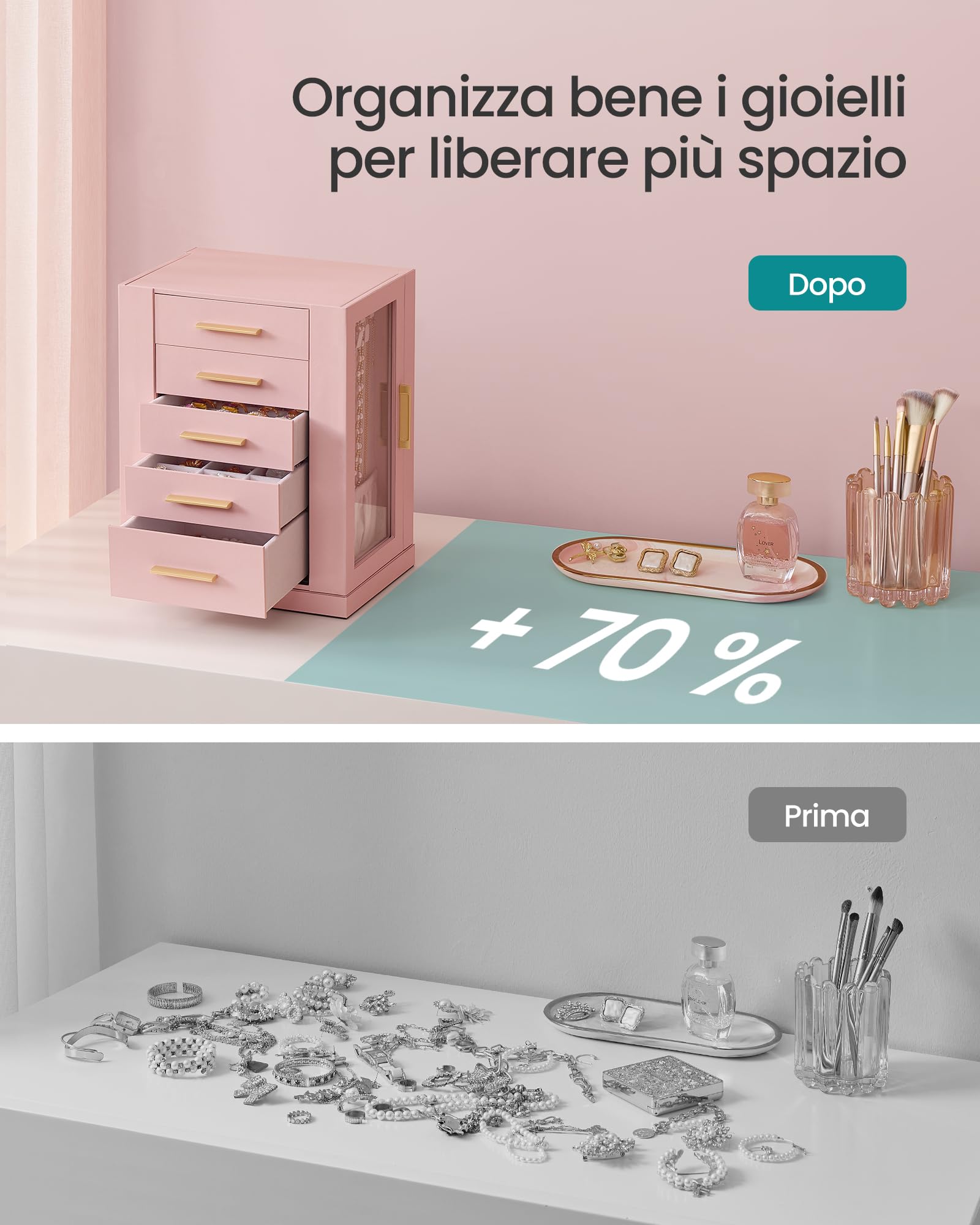 SONGMICS Scatola Portagioie Girevole a 360°, Porta Gioielli con 5 Cassetti, Finestre in Vetro Laterali, Capiente, Conservazione in Verticale, Design Aperto, Idea Regalo, Rosa Pastello JBC170R01