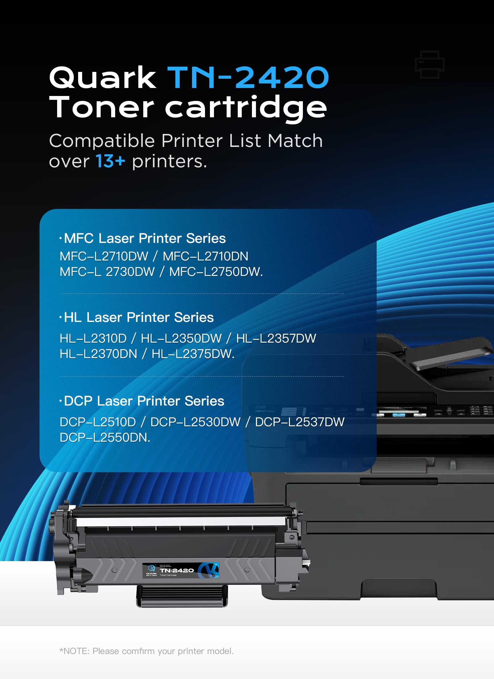 Quark Toner TN2420 TN-2420 compatibile per Brother MFC L2710DW TN 2420 2410 TN2410 MFC-L2710DW HL-L2350DW MFC-L2710DN HL-L2310D DCP-L2530DW MFC-L2750DW DCP-L2510D (1 Nero)