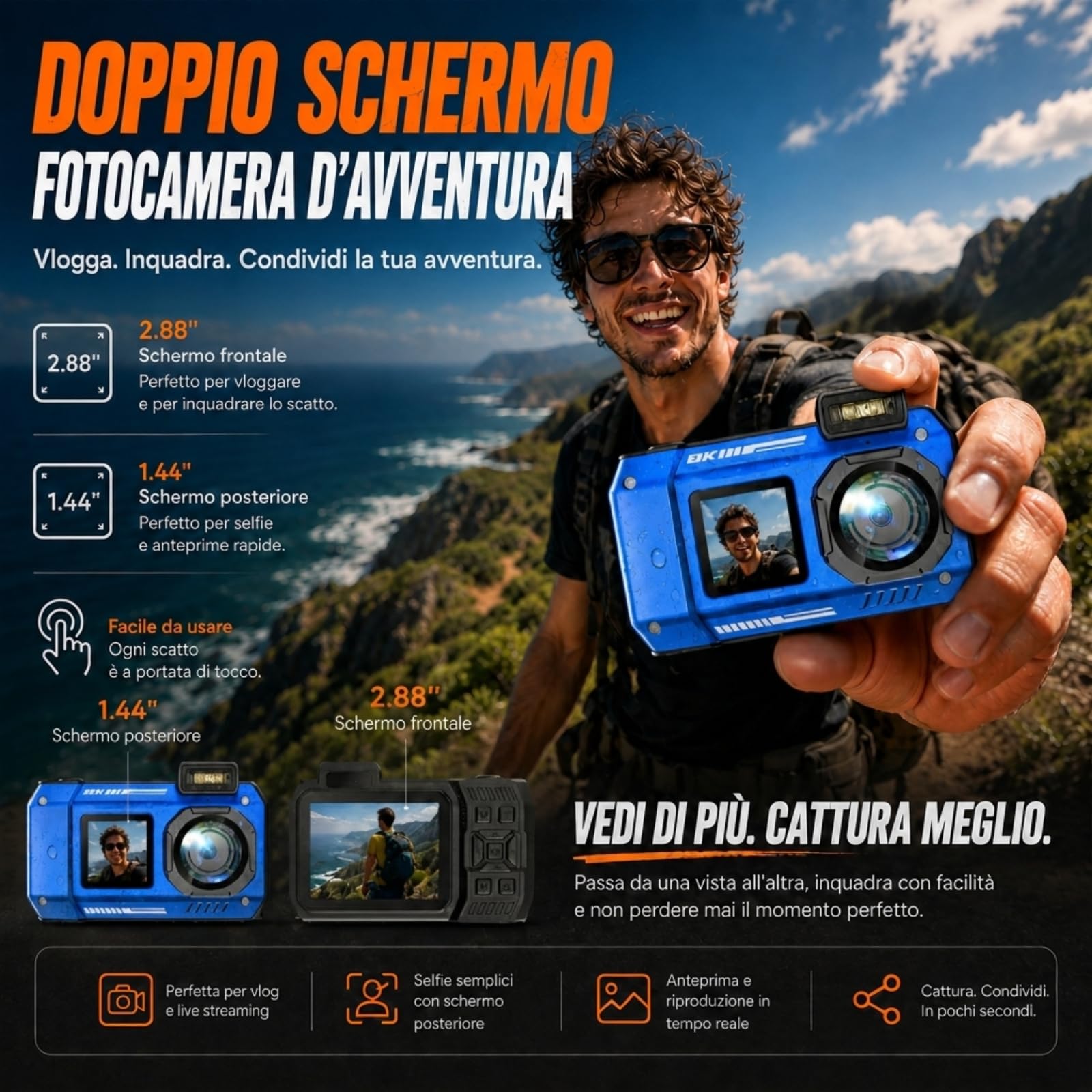 MaxMango D50 33FT Macchina Fotografica Subacquea Impermeabile, 8K 70MP Fotocamera Digitale con 16 GB di Scheda, Doppio Schermo 2.8'' per Selfie, 18x Zoom, Resistente a Polvere e Urti per Snorkeling