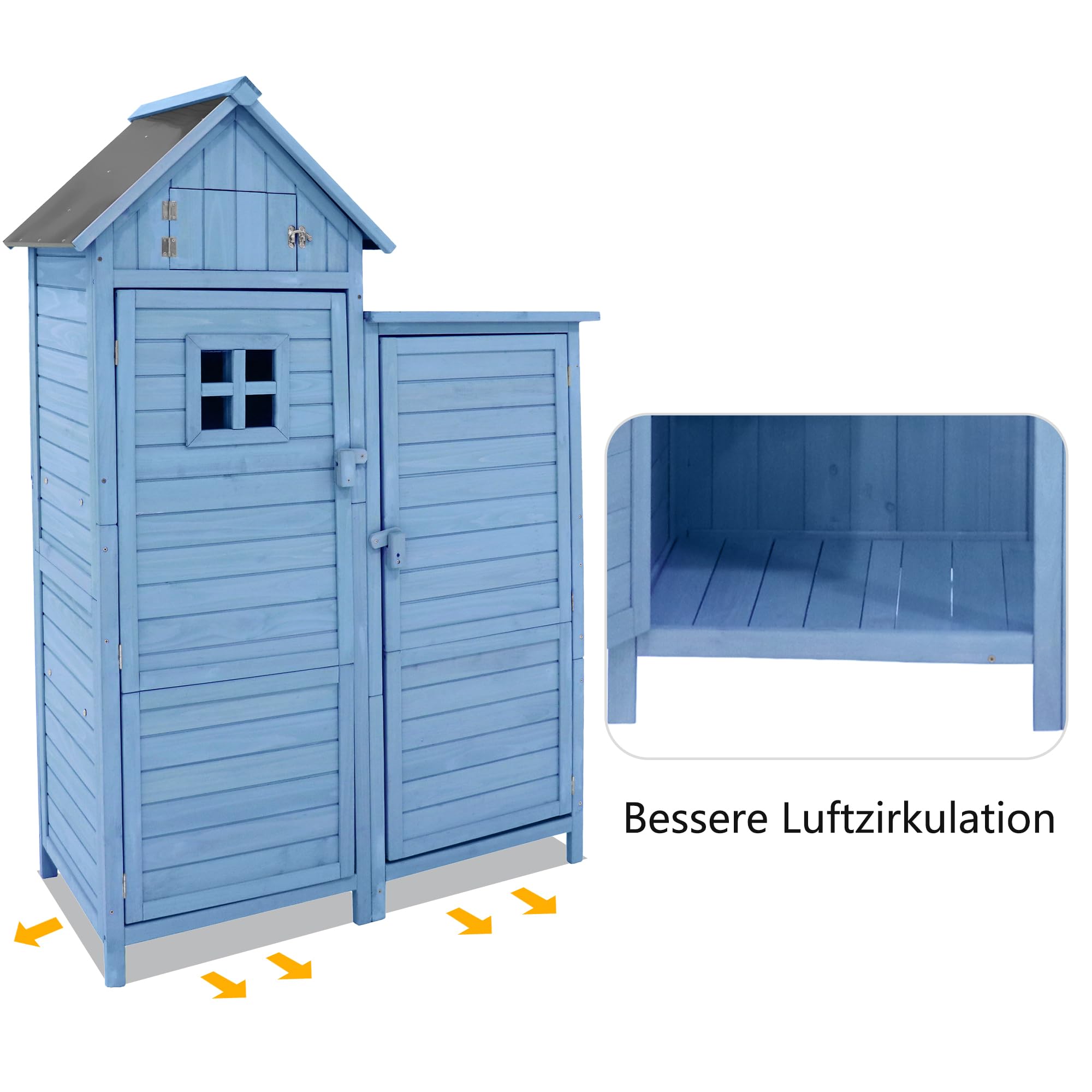 Su & Chan Legence Gartenhaus aus Holz, Geräteschuppen mit 2 Ablagen, 2 Türen und PVC-Dach, wetterfest Gartenschrank für Garten, Balkon und Terrasse, Blau