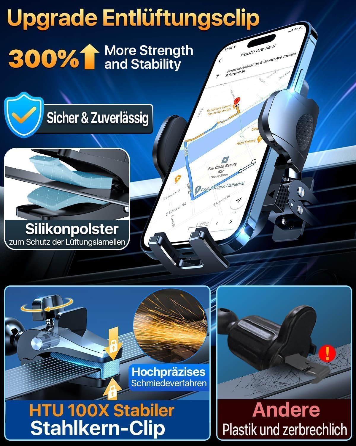 HTU【Militär-Klasse】Handyhalterung Auto, 4 in 1 Handyhalter mit【Stärkst Saugnapf & Clip】Tragfähigkeit 36kg, 360° Drehbar Kfz Autohalterung für iPhone Samsung Galaxy Google Pixel, Blass Schwarz