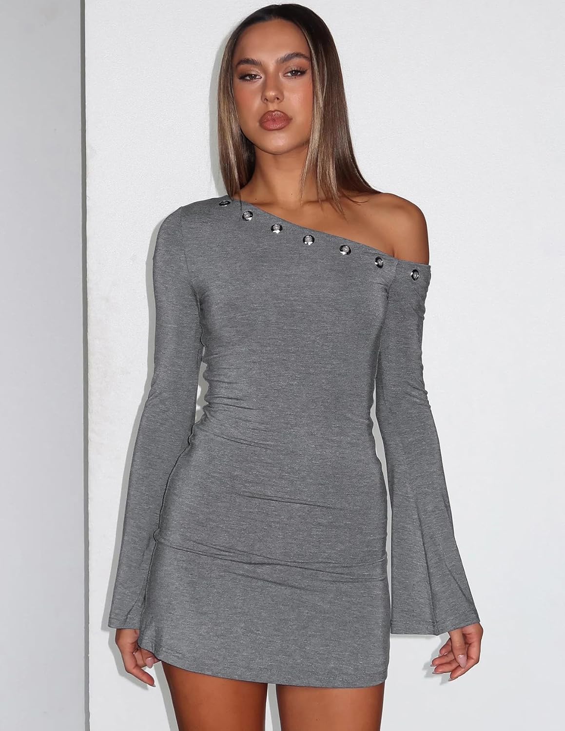 Women's Fall Off The Shoulder Long Flared Sleeve Mini Dress Neckline with Silver Eyelet Bodycon Party Club Dresses - Image 3