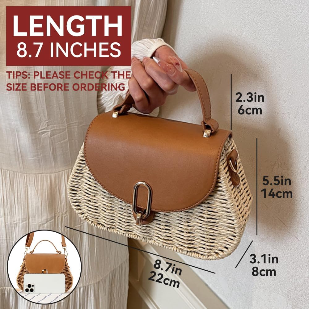 Small Women Straw Bag Retro Rattan Woven Satchel with Flap Crossbody Shoulder Purse for Summer Beach Vacation - Image 4