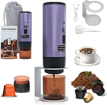 RoserRose Máquina de Café Portátil, Cafetera Capsulas - Inalámbrica y Auto-Calentadora - Con Batería 7800mAh, Función de Carga USB-C y Presión de 20 Bar - Compatible con NS/DG/Café Molido (Morado)