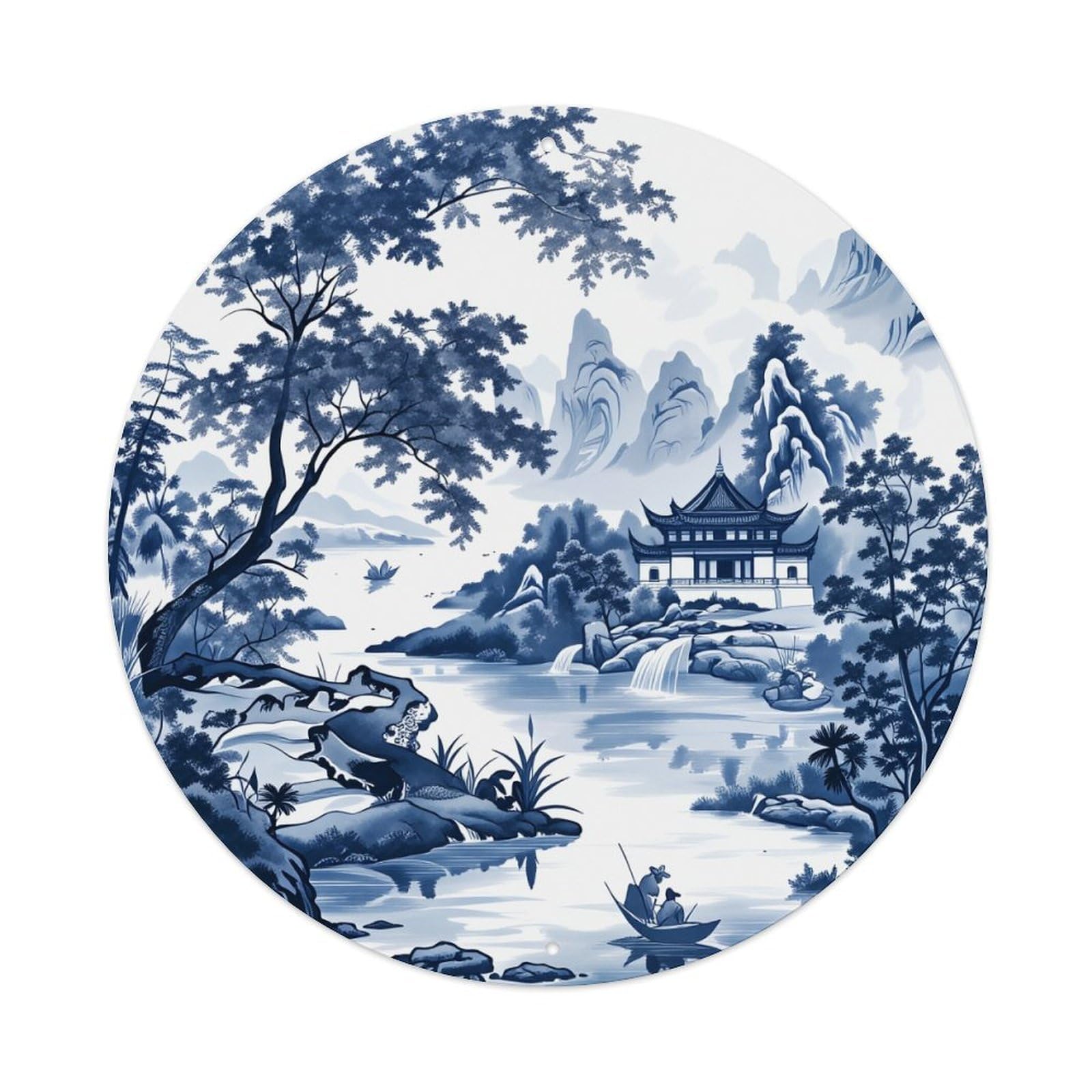 Blue And White Landscape Scene Metal Tin Sign Plaque