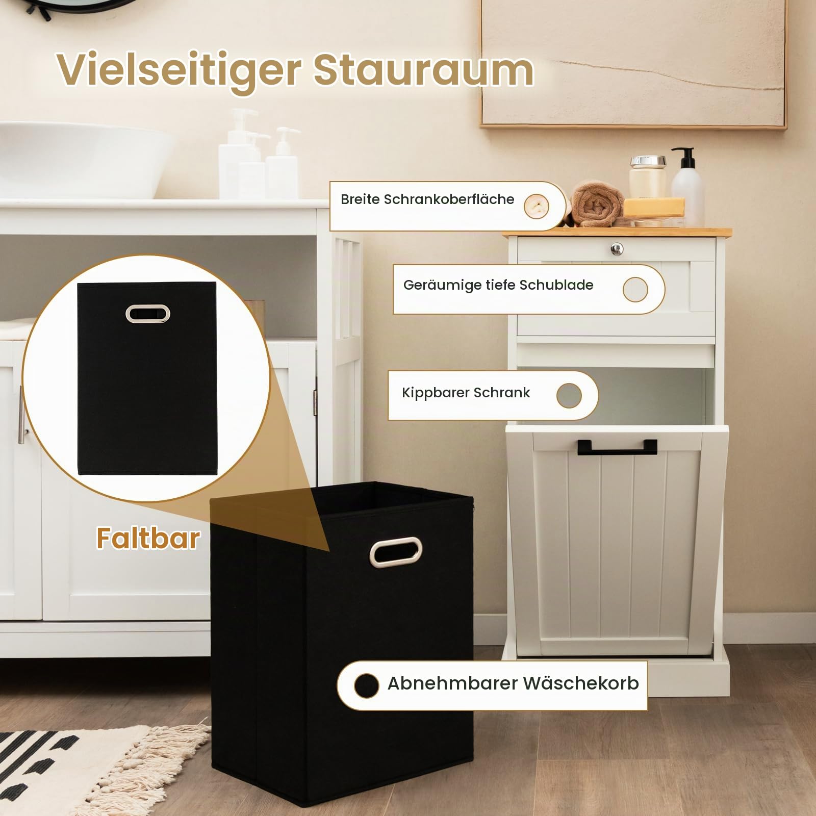 GIANTEX Ausziehbarer Wäscheschrank mit Neigung, Holzauszug mit Schublade, herausnehmbarer Wäschekorb, freistehender Wäscheschrank für Badezimmer, Schlafzimmer, Waschküche (Weiß)