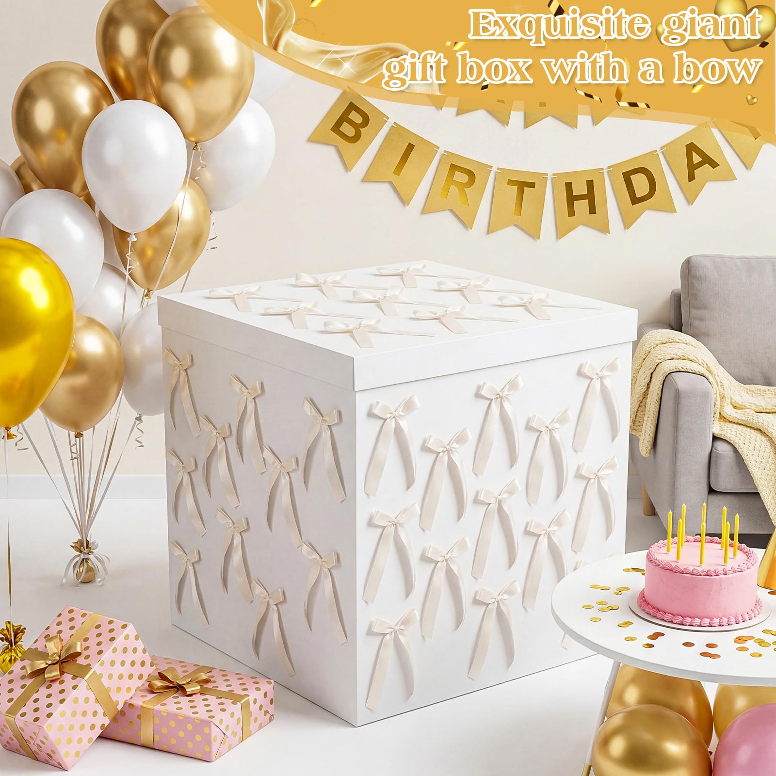 Kolldenn Scatola regalo extra large con coperchio, 71 x 71 x 71 cm, gigante, bianca, con fiocco e nastro, per rivelare il genere, grande regalo, compleanno, celebrazioni speciali, anniversari