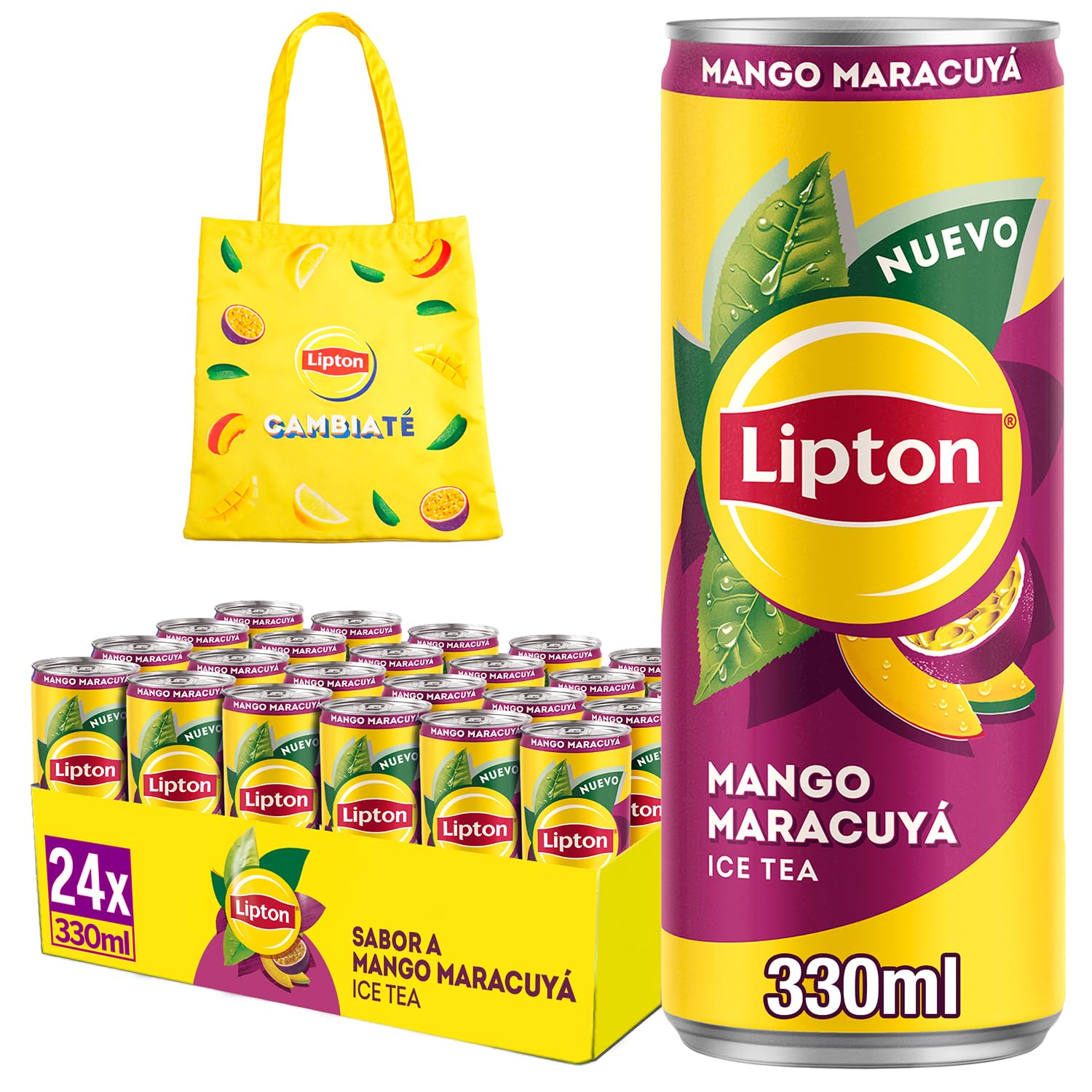 LIPTON Mango Maracuyá, Refresco de Té Helado, Pack de 24 x 330 ml, Incluye Tote Bag de Regalo