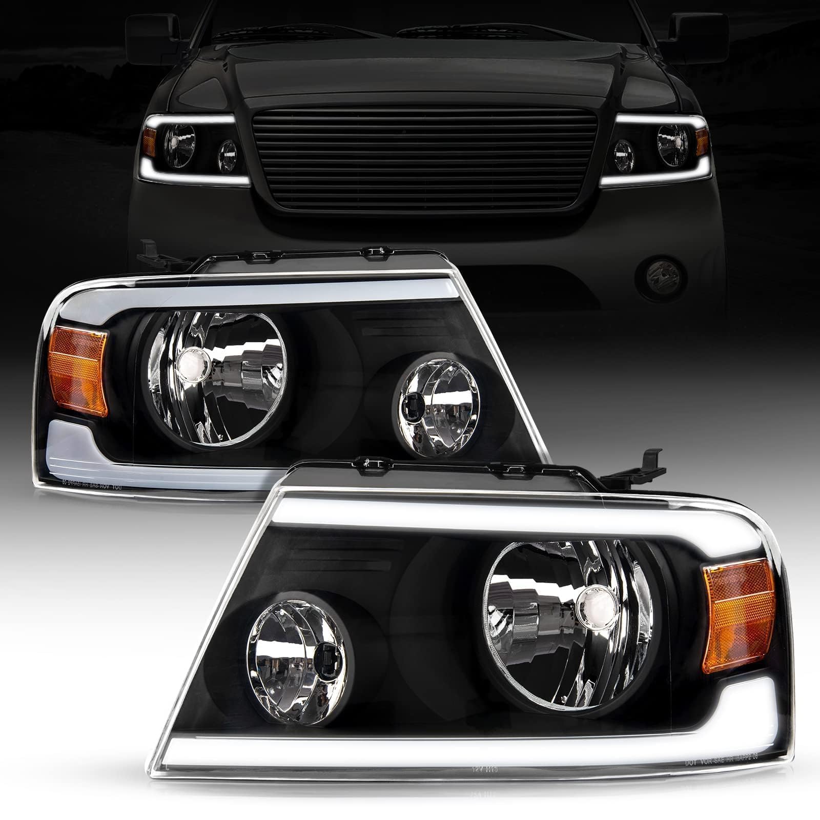 PHILTOP Headlight Assembly Pair with LED DRL Daytime Running Lights Direct Fit 2004-2008 F150, Waterproof Headlamp Aluminum Reflector Black Chrome Housing Clear Lens Passenger and Driver Side