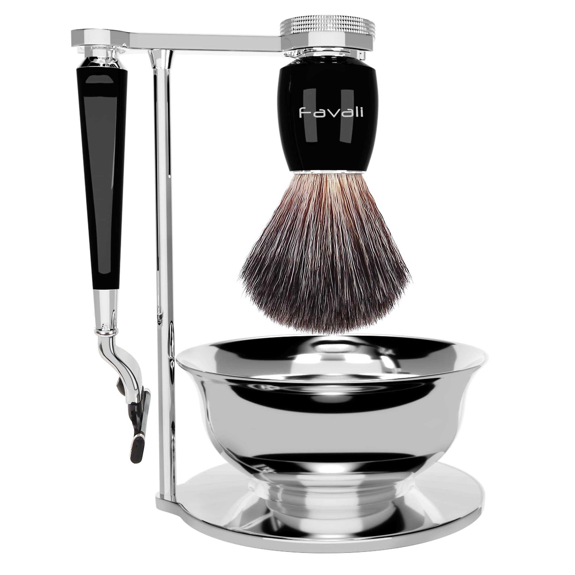 Favali Juego de brochas de afeitar, 4 en 1, para hombres, incluye brocha de imitación de pelo de tejón, compatible con maquinilla de afeitar Mach 3, porta brochas de afeitar, tazón de afeitar