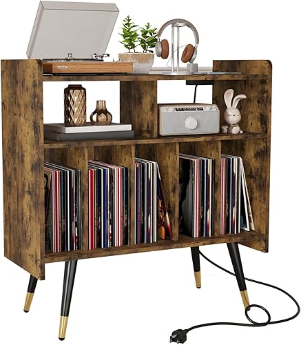 Soporte para tocadiscos con almacenamiento de vinilo marrón soporte giratorio de 33 pulgadas de madera, mesa de reproductor de discos de vinilo con