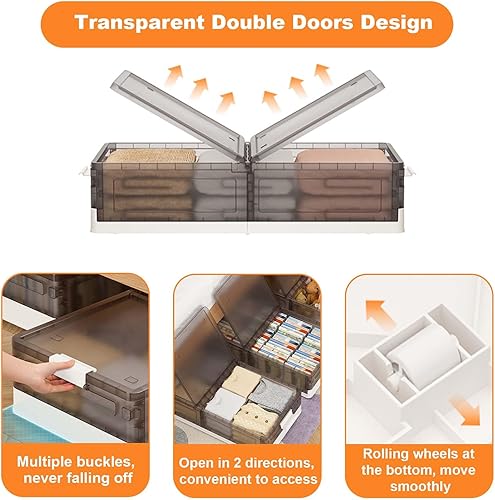 Miniatura 3 de Paquete de 2 contenedores plegables de plástico para debajo de la cama con ruedas, con hebillas seguras, apilables, cajas de almacenamiento de