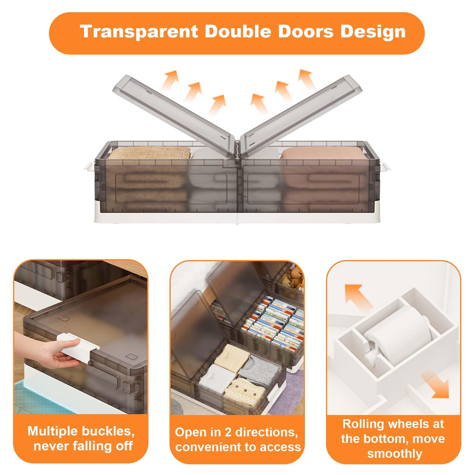 2er Set Unterbett Aufbewahrungsbox Mit Deckel, 43.5 L Durchsichtig Faltbare Kunststoffbox Plastikbox, Bettkasten Aufbewahrung Kleidung,Stapelbox für BüRo,Kinderzimmer,KüChe & Wohnzimmer,81x40.5x17.5cm