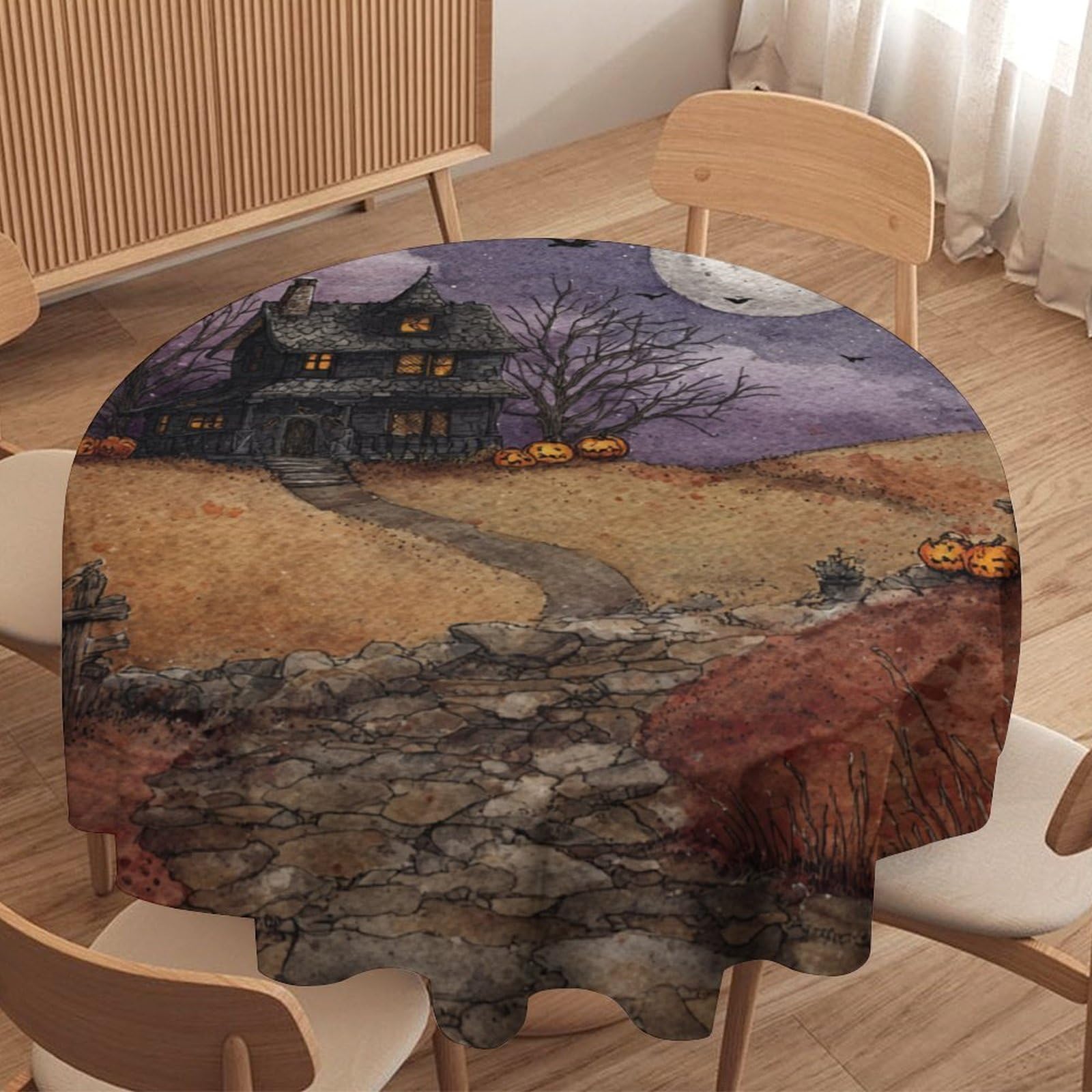 Luyysky Gothic Realistic Horror House Waterproof Round Tablecloth Modern Aesthetic Halloween Full Moon Pumpkin Animals Bats Washable Table Cover For Kitchen-127 Wx127 L Cm