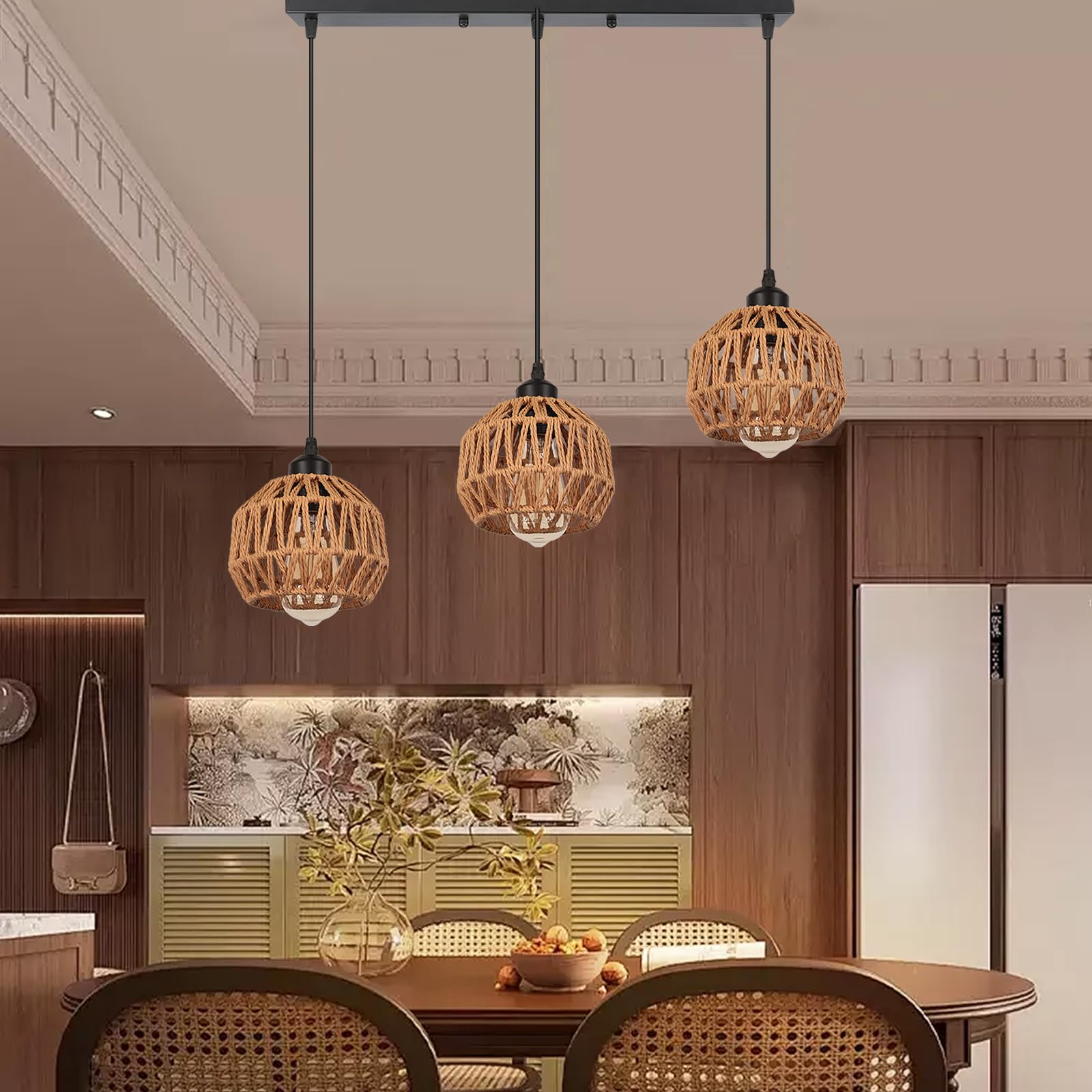 3 Lumières Suspension Industriel Lustre Vintage Abat-jour en Métal et Rotin Luminaire Plafonnier Rétro E27 Lampe Suspendue avec une Barre pour Restaurant Salon Chambre