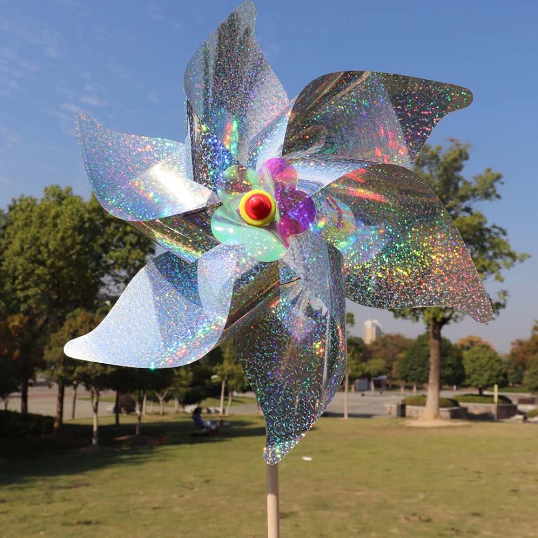 Windmolen voor tuin, 5 stuks 24 cm doe-het-zelf windspinners buiten met staak, sprankelende pinwheels vogelafschrikmiddel, reflecterende vogelverschrikker voor tuin tuindecoraties (zilver