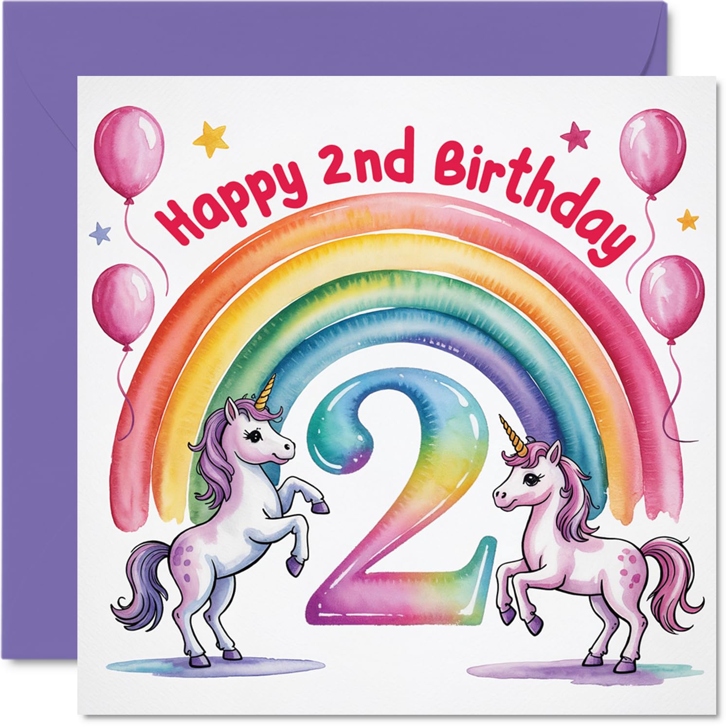 Playful 2nd Birthday Card - Bursting with Birthday Magic - Two Unicorns, Rainbow and Balloons in Pastel Pinks - 145mm Square, Envelope Included
