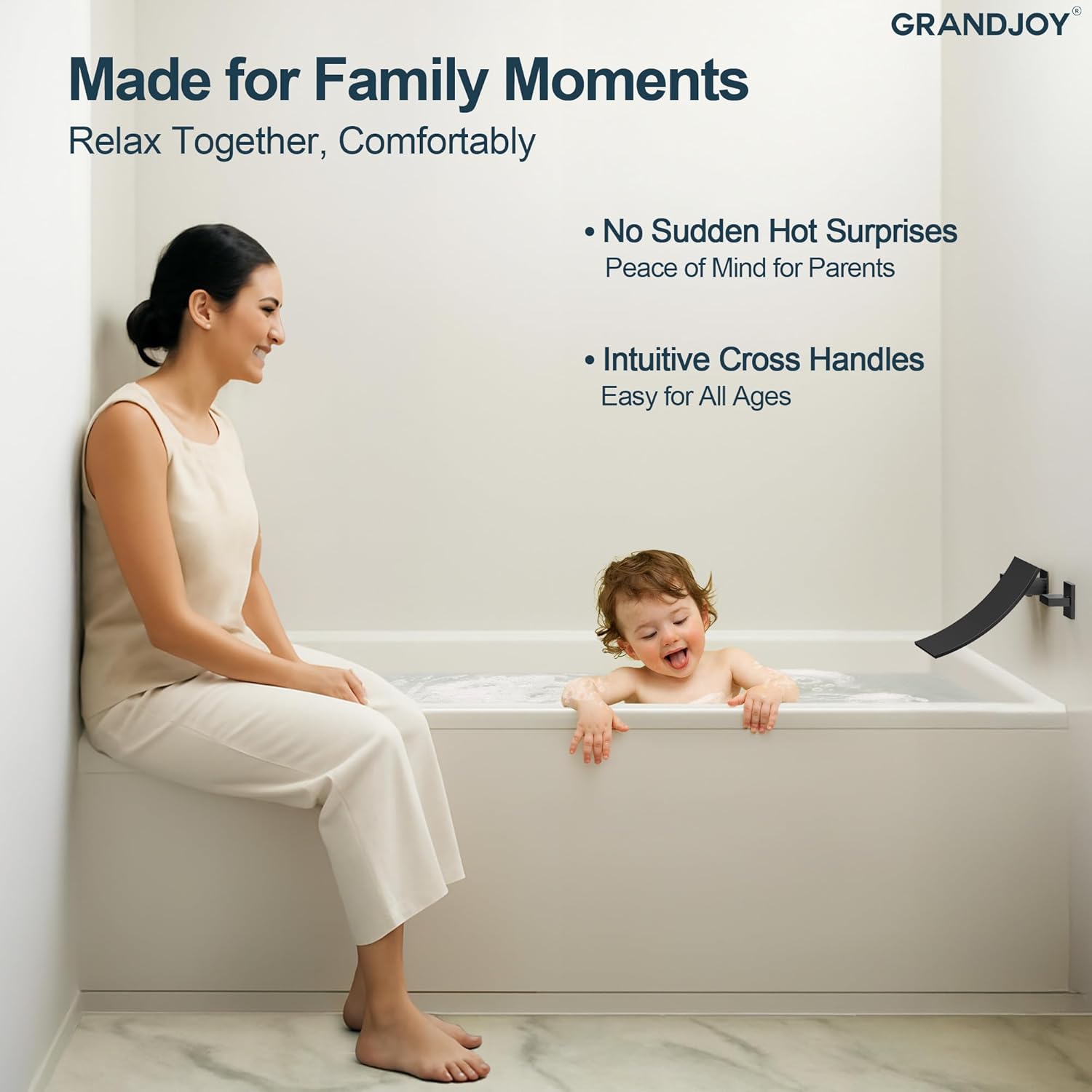 Matte Black Waterfall Wall Mount Bathtub Faucet, 3 Hole Dual Handles Tub Filler, High Flow Solid Brass, NPT 1/2" Standard Connections for Easy Installation